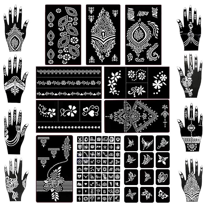 Buy Koogel 18 Sheets Henna Tattoo Stencil Kit, 97 PCS Temporary Glitter ...