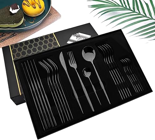 JASHII Juego de cubiertos de 24 cubiertos de acero inoxidable negro con caja de regalo premium, regalo de Houswarming con cuchillo, tenedor, cuchara