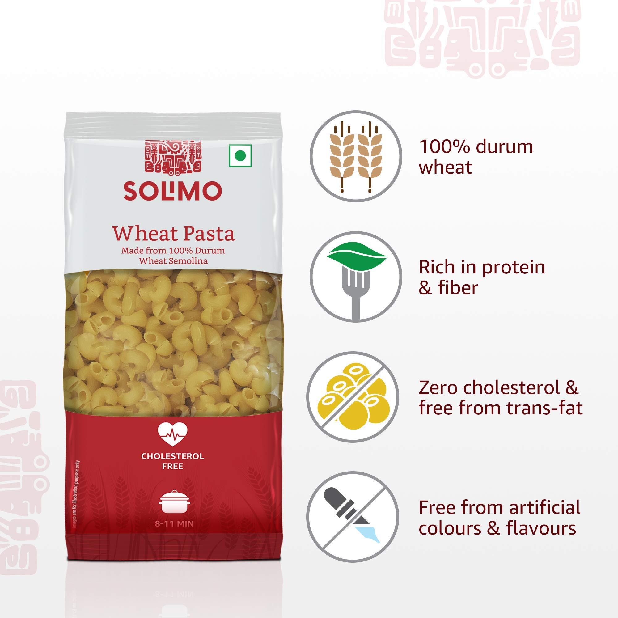 Solimo Durum Wheat Elbow Pasta, 500 g pack of 2, made from 100% durum wheat