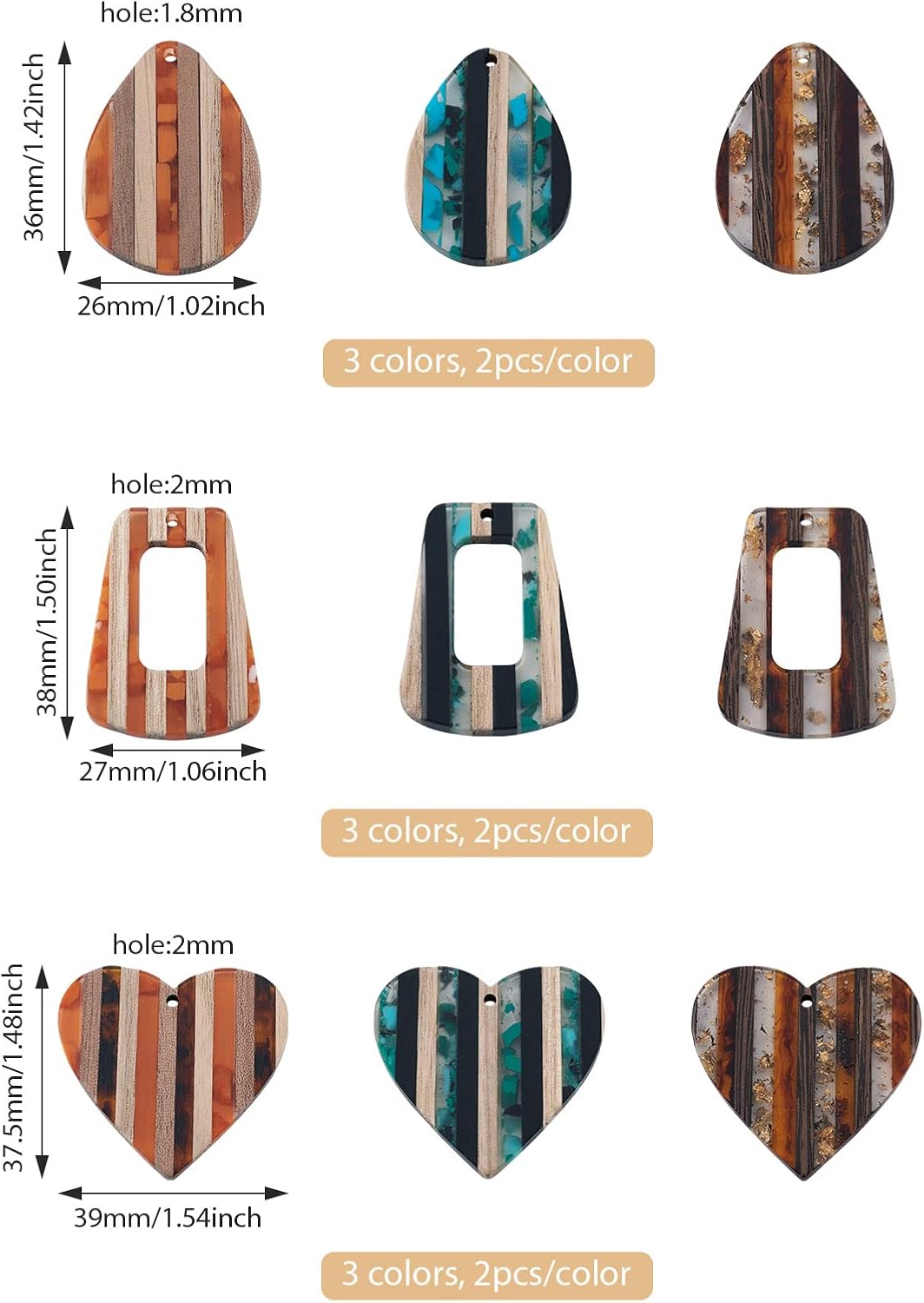 Magibeads 18Pcs Resin Wood Charms Striped Earring Charms Heart Teardrop Wood Earring Blanks Vintage Resin Charms for Boho Crafts Jewelry Making