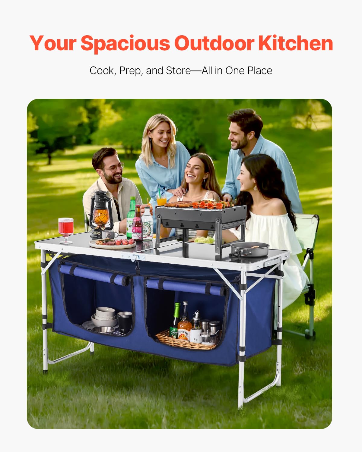VEVOR Table de Cuisine de Camping, 3 hauteurs réglables, Table de Cuisson extérieur Pliante, Portable et légère, en Aluminium, avec Organisateur de Rangement, pour Barbecue, Pique-Nique, Voyage, Bleu