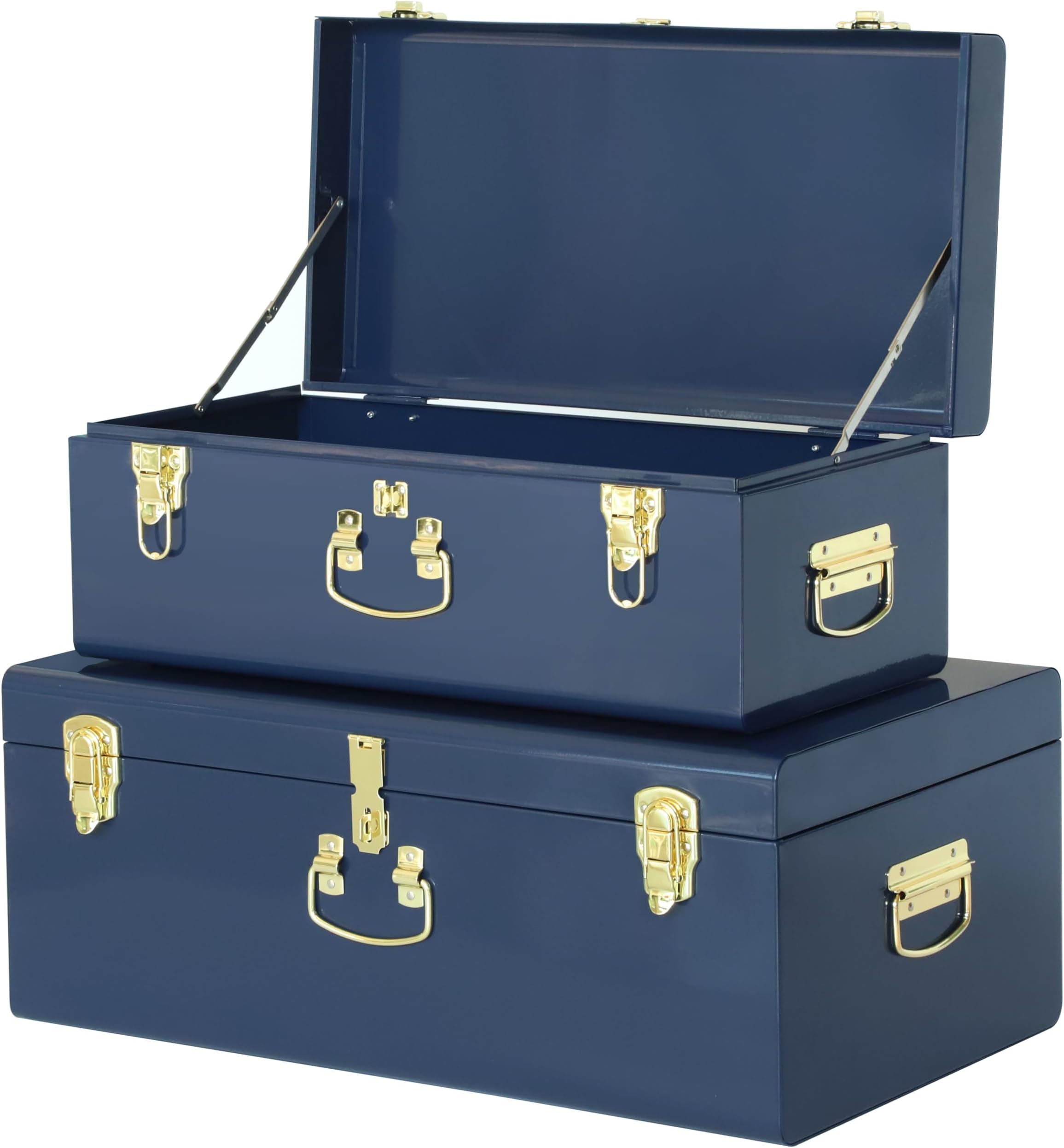Vixdonos Decorative Large Metal Box Storage Trunk Chest Set of 2 College Dorm Organizer with Hardware Hasps and Handle for Home Deocr,23.7X14.2X9.5 Inches,Dark Blue