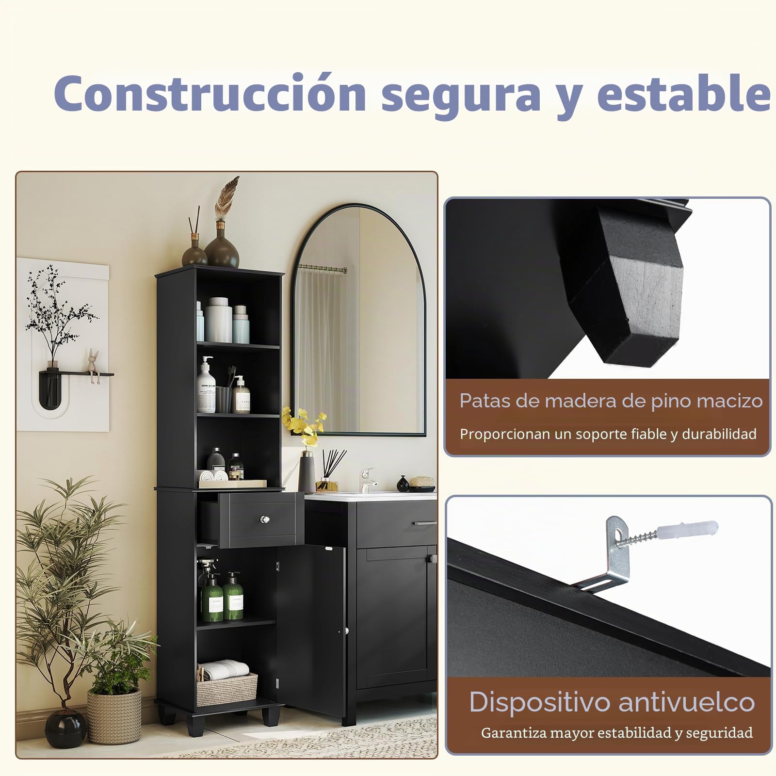 LIFEZEAL Mueble de Baño para Ahorrar Espacio, Columna Alta y Estrecha con 1 Cajón, 3 Estantes Abiertos, 1 Puerta y Patas de Madera Maciza, Armario Aparador para Cocina, Baño y Salón (Negro)