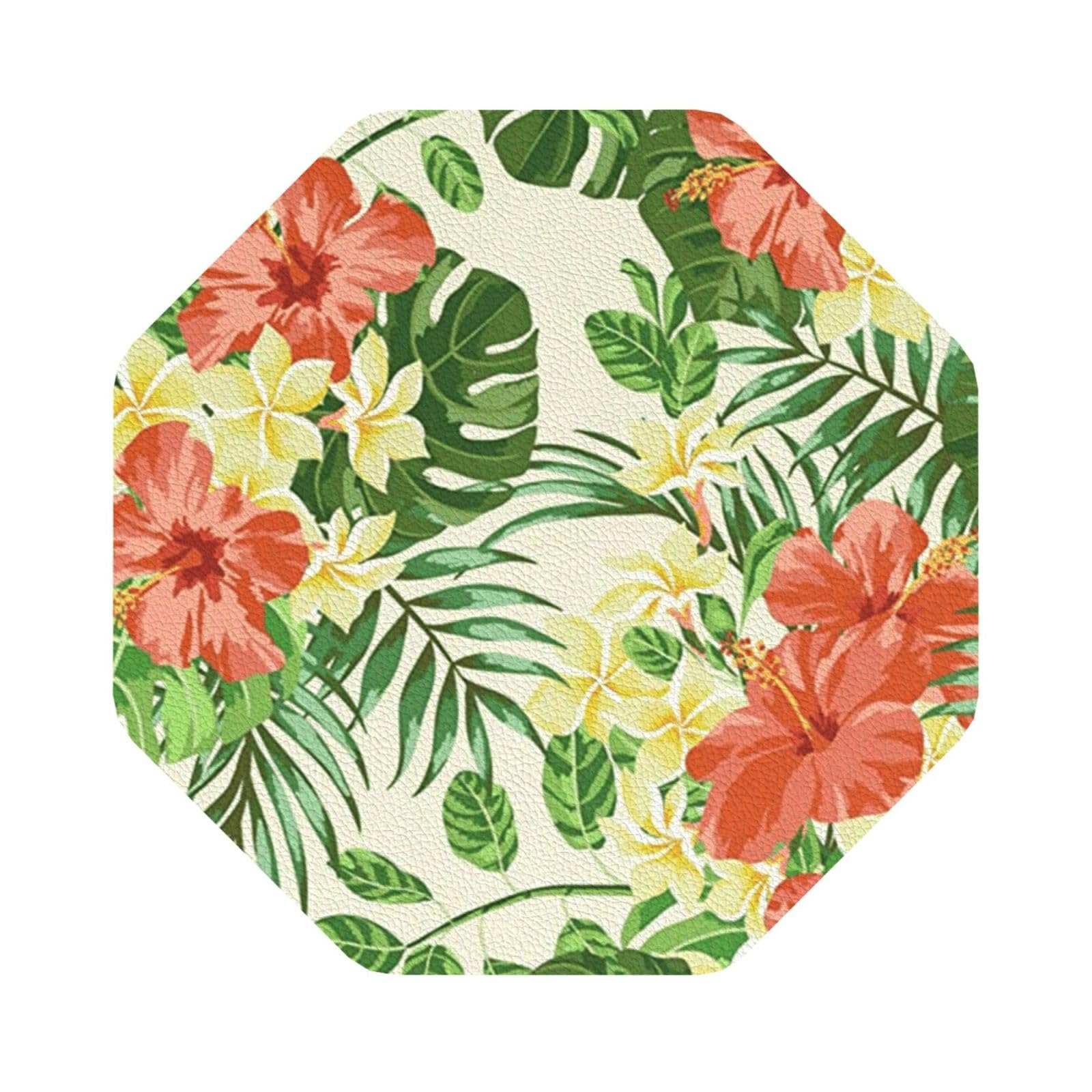 hojas tropicales y flores PU Leather Coasters Set of 6 Octagon Drink Coasters