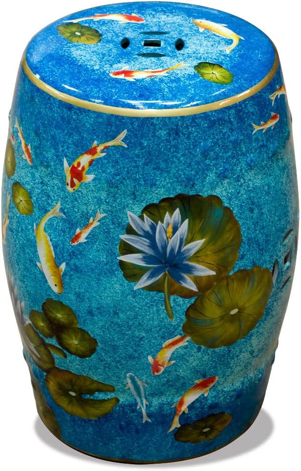 ChinaFurnitureOnline Blue Porcelain Koi Fish Lotus Pond Motif Asian Garden Stool