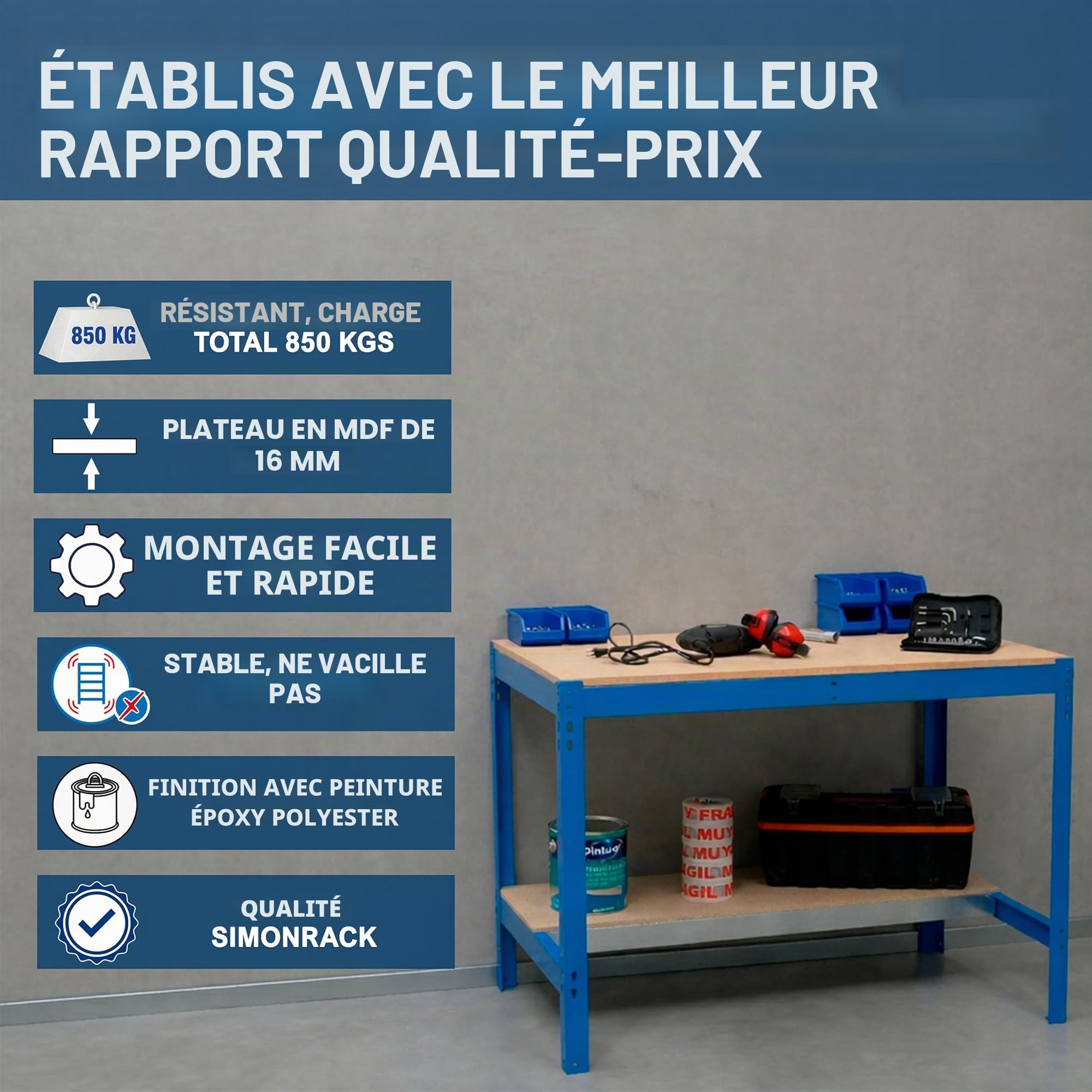 Simon Rack Etabli d’Atelier, Capacité de Charge 400 kg, 842x910x610 mm, Table de Travail Bricolage, Bleu/Bois - BT0