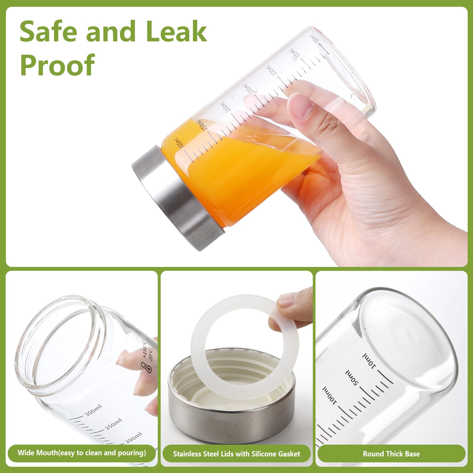 YBCPACK 4 botellas de cristal para rellenar 300 ml con tapa de acero inoxidable, vasos para batidos con escala, botellas de zumo reutilizables para rellenar zumos, leche, café helado, apto para