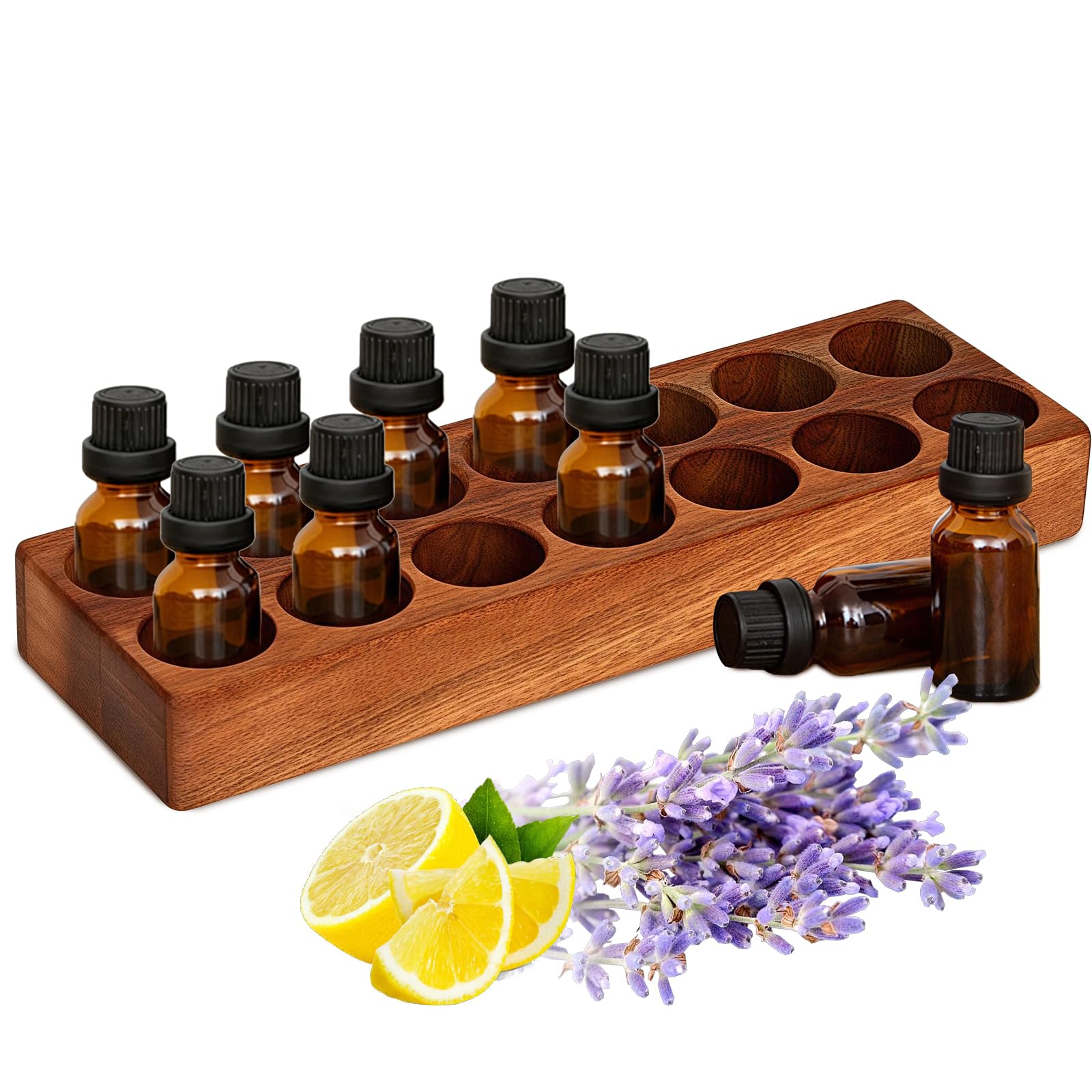 Kivinia 14-Slot Wooden Essential Oil Storage Organizer, Wood Essential Oil Display Holder Stand for 5-20ml Bottles