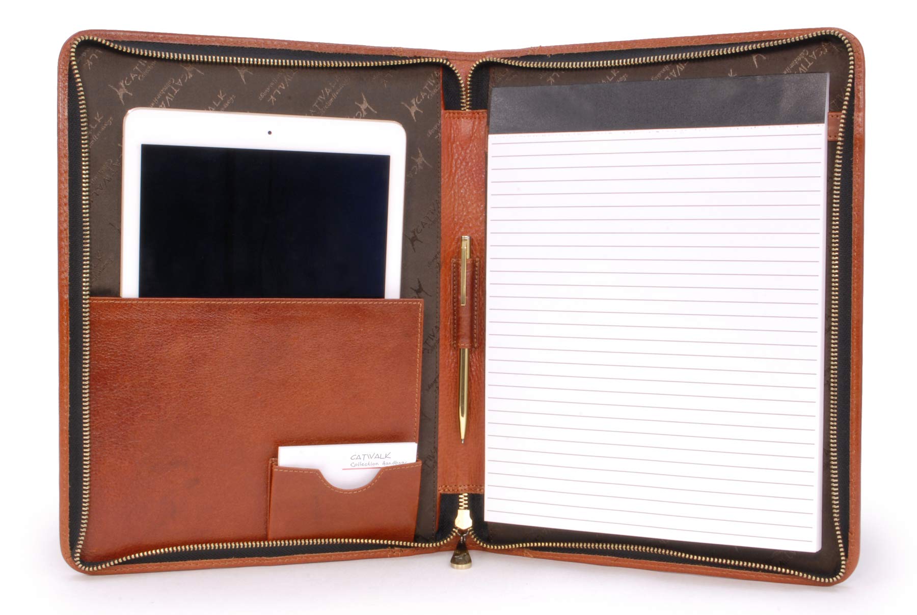 Catwalk Collection Handbags - Damen A4 Leder Notizbuchtasche - Konferenzmappe mit Reißverschluss - Für Tablet und Notizbuch - Chloe - Hellbraun