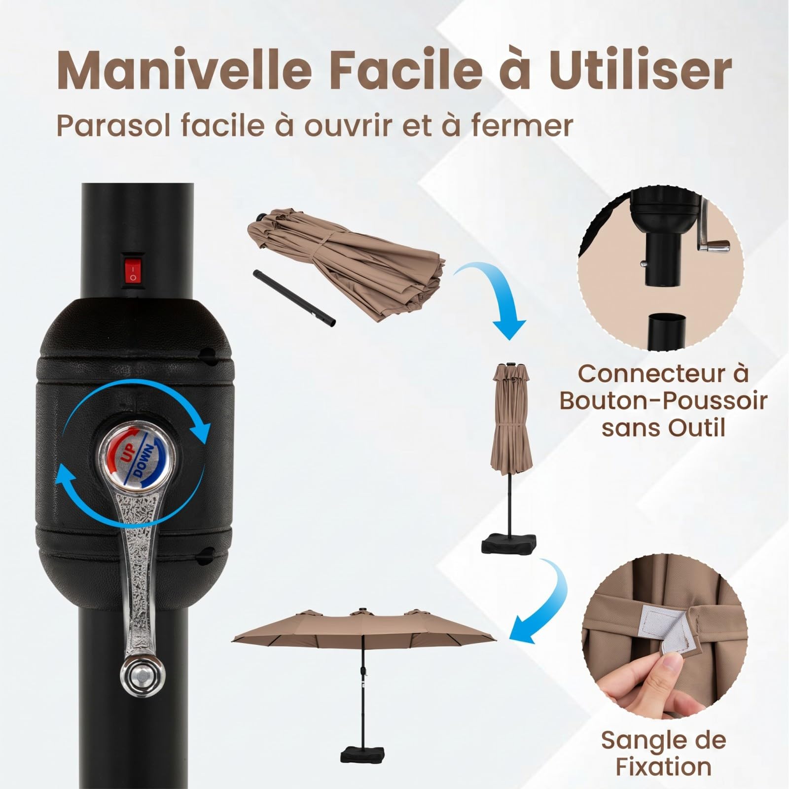 COSTWAY Parasol de Jardin Exterieur Double 4,6 x 2,85 M avec Base Lestée, Grand Parasol Rectangulaire avec 48 LED Solaires, Manivelle, Protection Solaire UV, pour Terrasse, Piscine, Gîte (Beige)