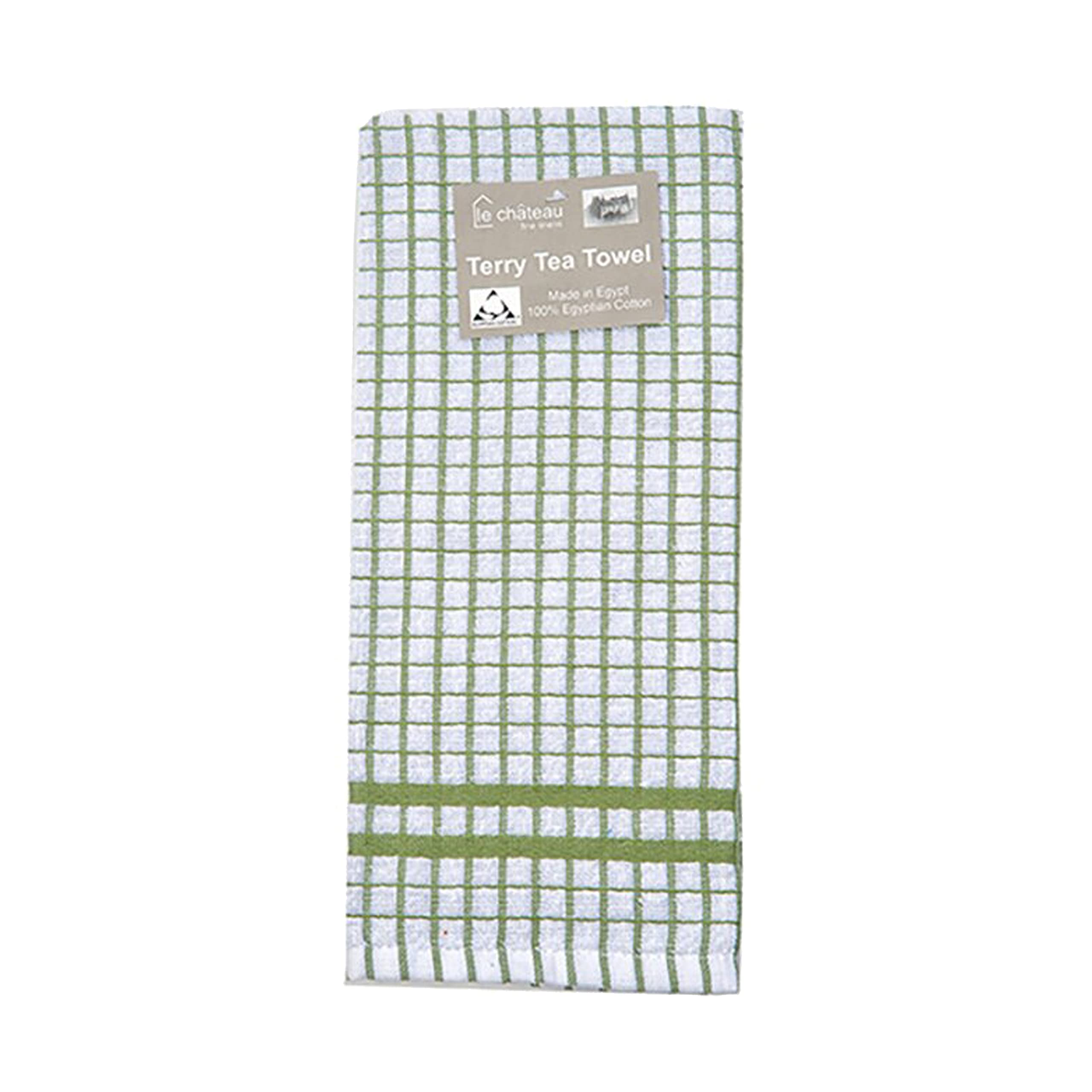 Auntie Morags Le Chateau Checked Terry Tea Towel - Green & White