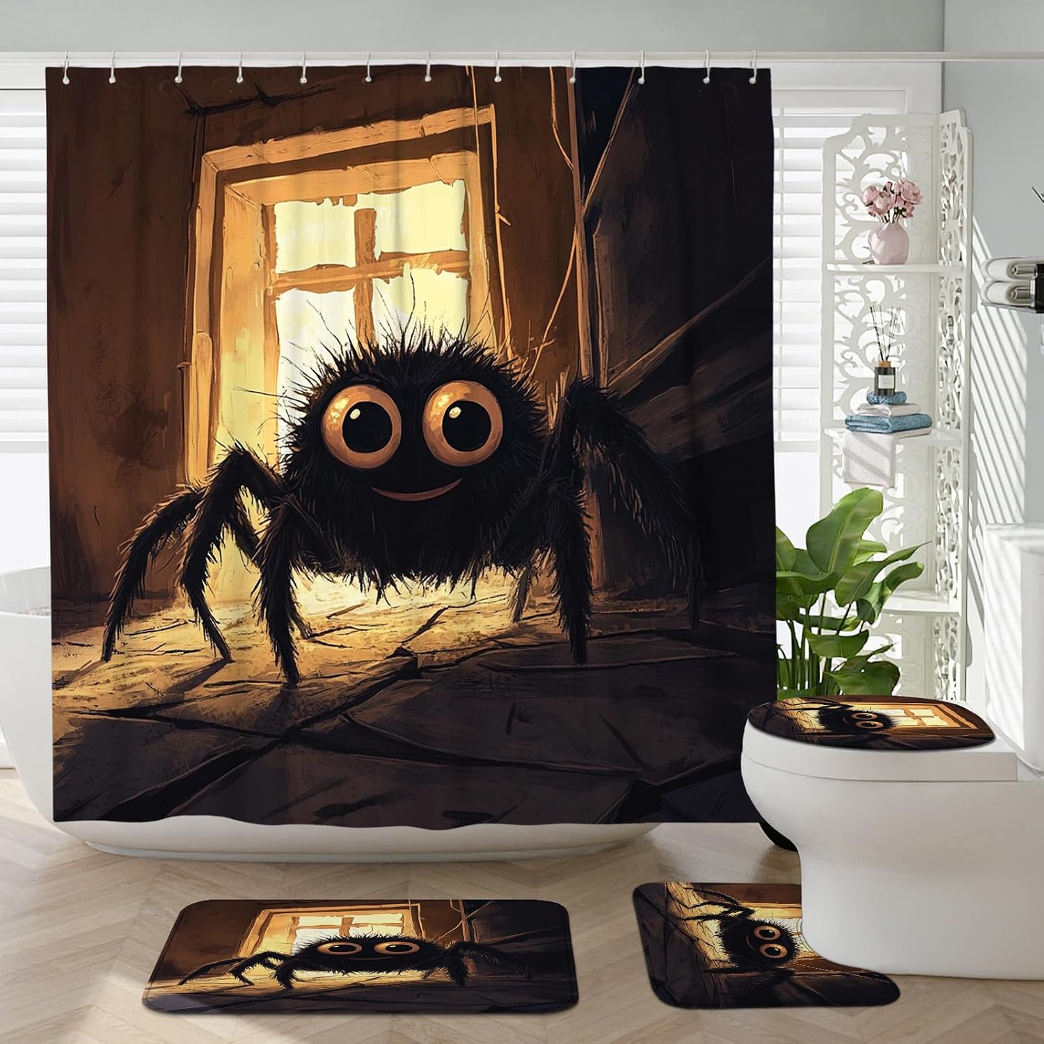 4PCS Cute Kids Tarantula Bathroom Sets, Bath Accessory with Non-Slip Rug, U Shape and Toilet Lid Cover Mat, Anime Fun Spider Bathroom Decor-72''x72''