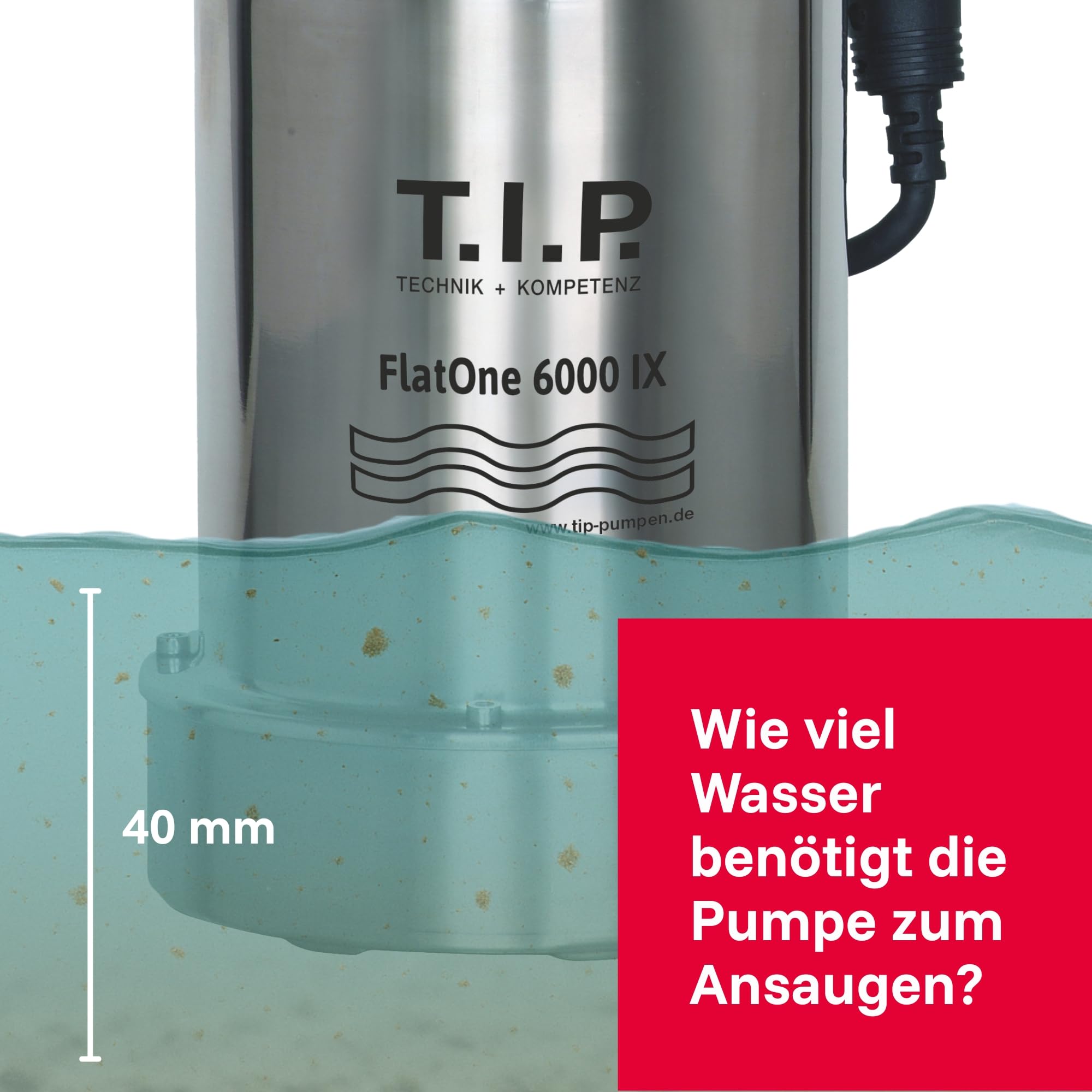 T.I.P. Drainagetauchpumpe - Poolentwässerungspumpe Edelstahl (6.000l/h Fördermenge, 1mm flachabsaugend, 6m Förderhöhe, Verhindert Ansaugen der Poolbodenfolie, Rückschlagventil) FlatOne6000 IX, 30440