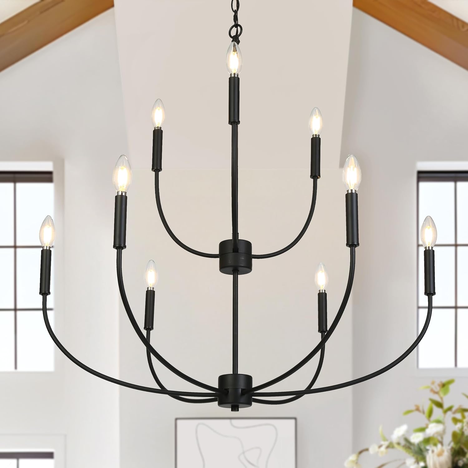 KSANA Large Black 9-Light Chandelier, Modern Transitional Open Frame Hanging Light for Foyer, Living Room & Dining Room, High Ceiling Spaces, Adjustable Chain