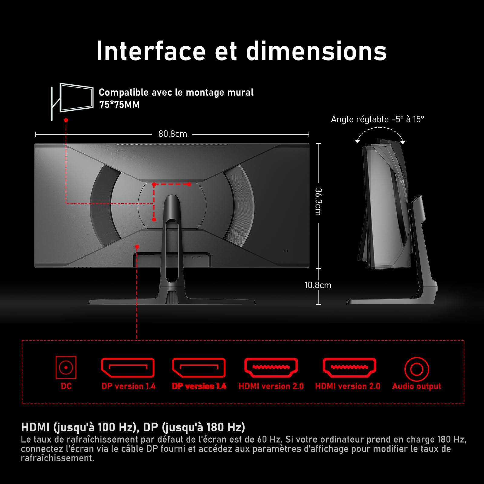 Gawfolk Écran PC Ultra Large 34 Pouces 1500R incurvé 180Hz Gaming Computer Moniteur,21:9 UWQHD(3440x1440)，128% sRGB，FreeSync，HDR，178 ° Angle Vue，DisplayPort、HDMI，VESA 75 * 75MM-Noir