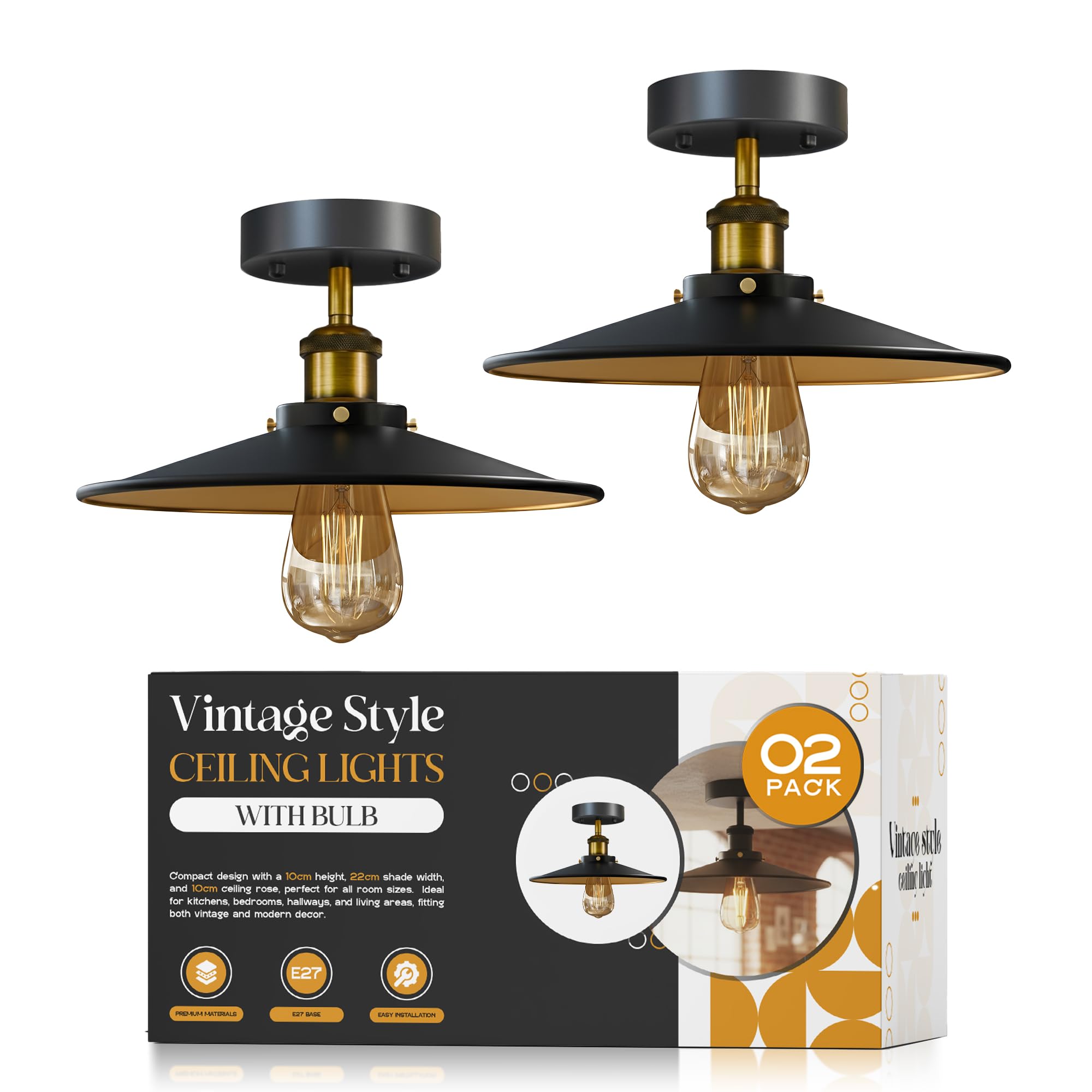 Ledsone 2 Pack - Black Inner Gold 2 - With Bulb Pack Of 2 Vintage E27 Semi Flush Mount Ceiling Light Fixture With 22Cm Black Inner Gold Lampshade Easy To Fit Metal Led Ceiling Lighting Chandelier Ceiling Lights For Living Room Kitchen Epc A+