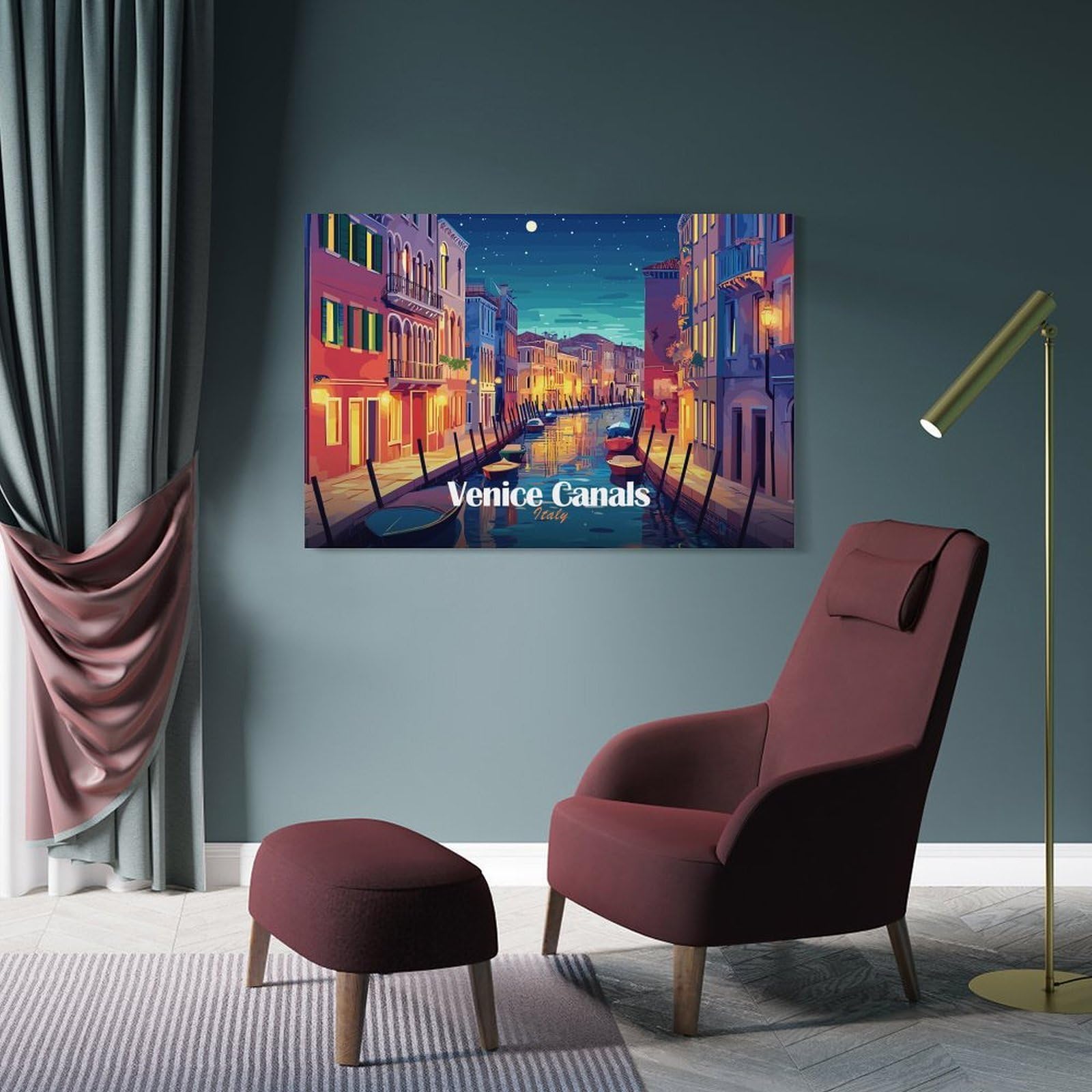 Junmoney Venice Canals Italy Night Canvas Art Print, 24x36inch(60x90cm), for Living Room, Bedroom, Office Or Hallway, Decorative Artwork with Broad Appeal