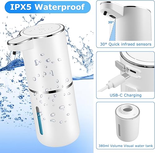 Miniatura 2 de Paquete de 2 dispensadores automáticos de jabón, dispensador automático de jabón líquido sin contacto, 12.8 onzas líquidas, recargable por USB,