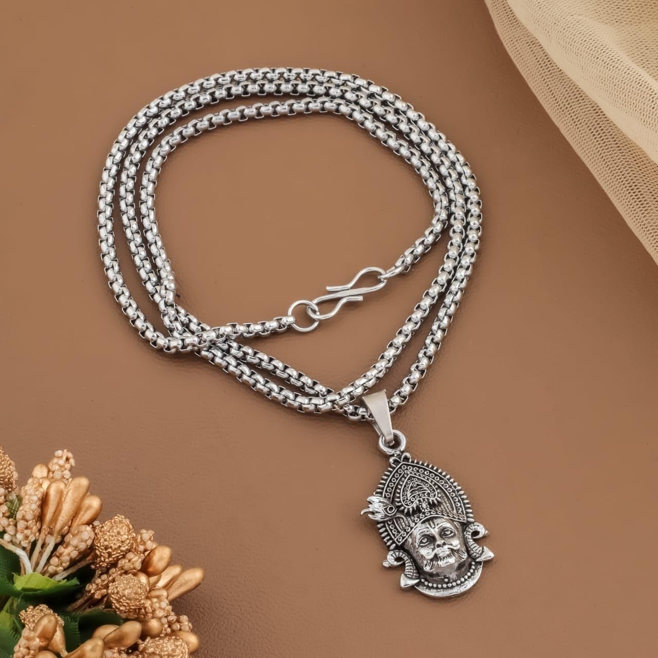 DIVISHA Silver Oxidised Khatu Shyam JI Pendant Chain for Men & Women | Antique Finish Religious Necklace | Oxidised Brass Temple Jewelry | Ethnic Spiritual Pendant Chain for Daily 3