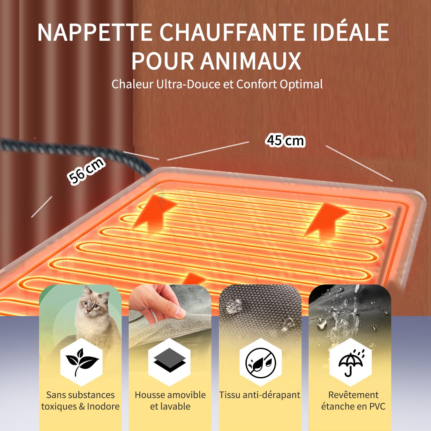 uncn Tappetino riscaldante per cane e gatto attivato a pressione 45×56 cm | Cuscino riscaldante con cordino resistente alla masticazione – Temperatura regolabile – Washable