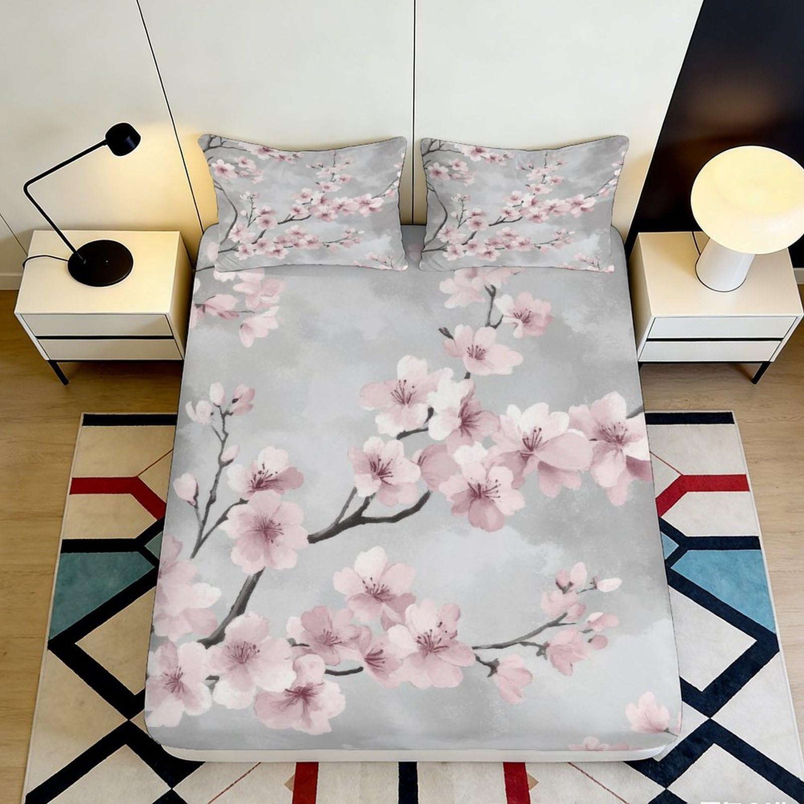 Jqzkxnhpbr Style-10 3D Printed Sakura Blossom Fitted Sheet Microfiber Pink Grey Bed Cover Bedroom Dorm Decor Mattress Protection 90X200x25cm