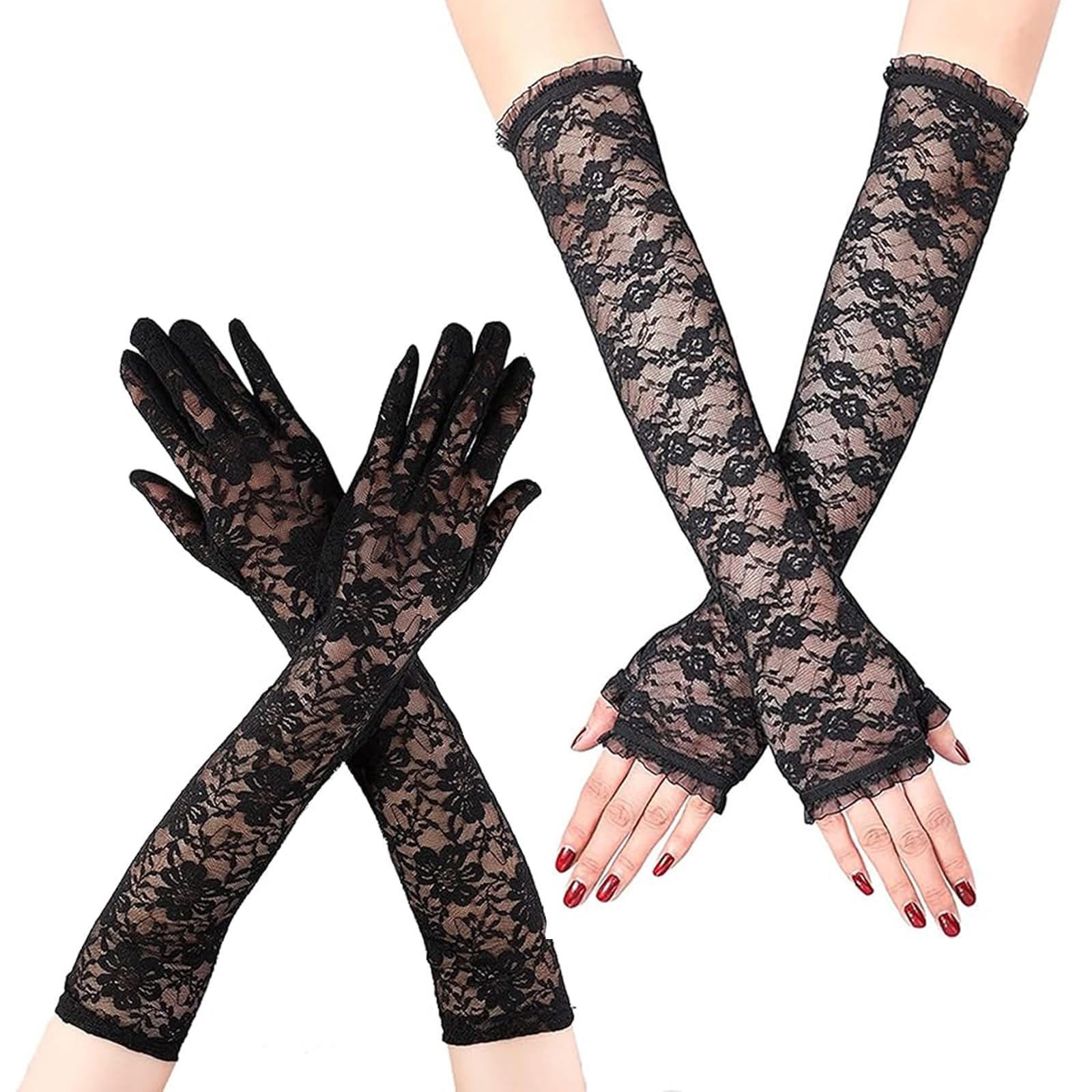 Black Long Lace Gloves for Women,Fingerless Lace Gloves & Elbow Length Gloves Set for Parties, Weddings, and Evening Events