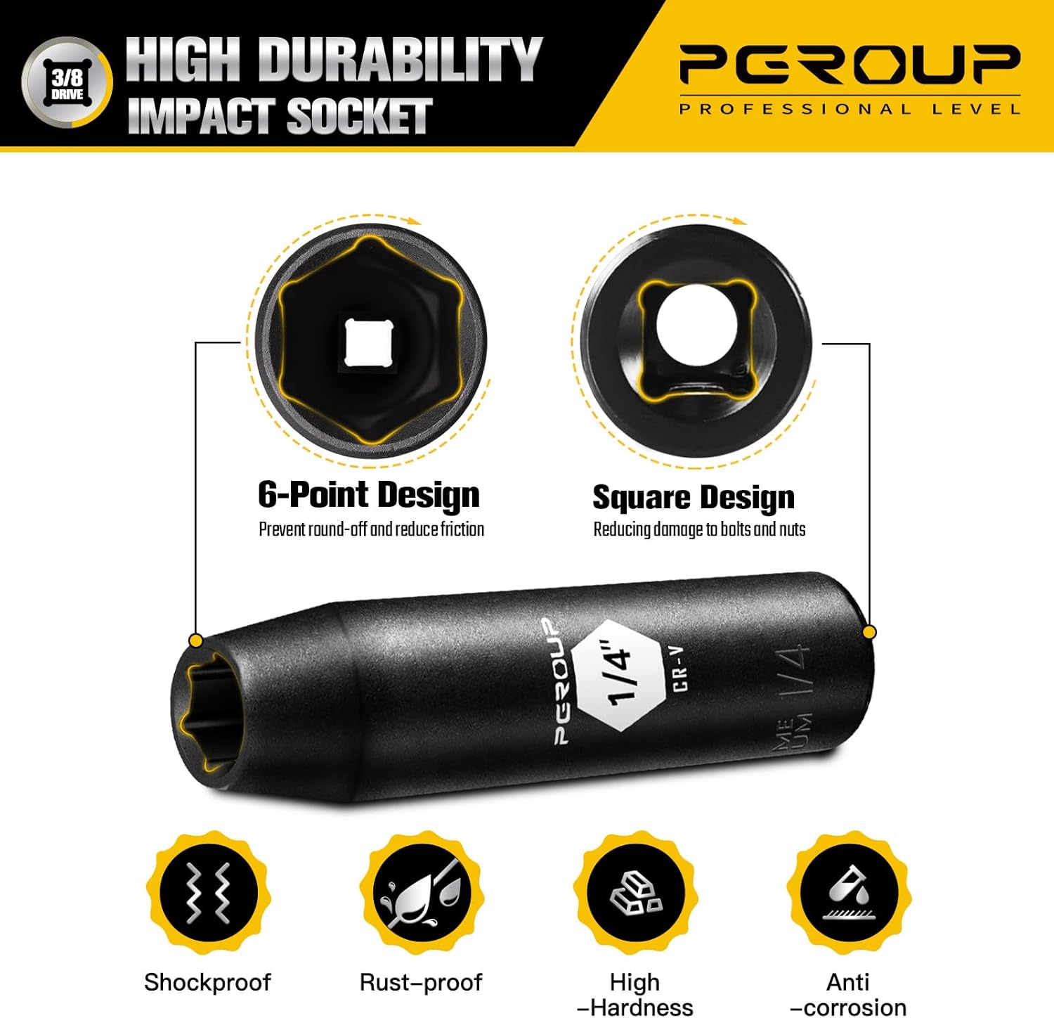 3/8” Drive Deep Impact Socket, SAE(1/4 Inch socket), 6-Point, Cr-V Steel With Black Manganese Phosphate Coating