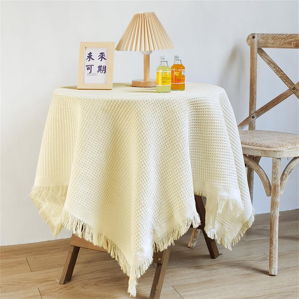 Tovaglia rotonda in cotone e poliestere tinta unita per picnic, coperta decorativa per feste all'aperto, beige, 180x230 cm