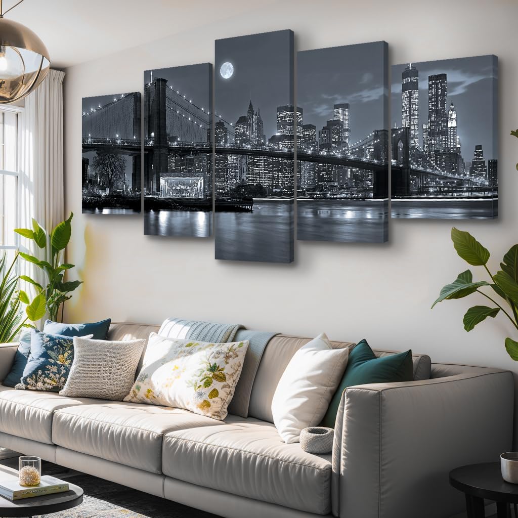 New York Brooklyn Bridge Moon Canvas Wall Art Night View 5 Panels Modern Landscape Artwork Canvas Prints Abstract Pictures to Photo Canvas Wall Decor for Home & Office Decorations