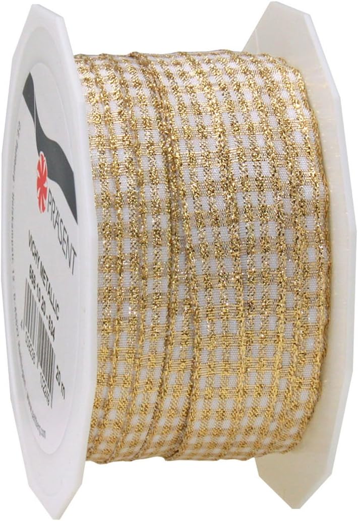 Morex Ribbon Vichy Metallic Wired Ribbon, 3/8-Inch by 22-Yard, Metallic Gold