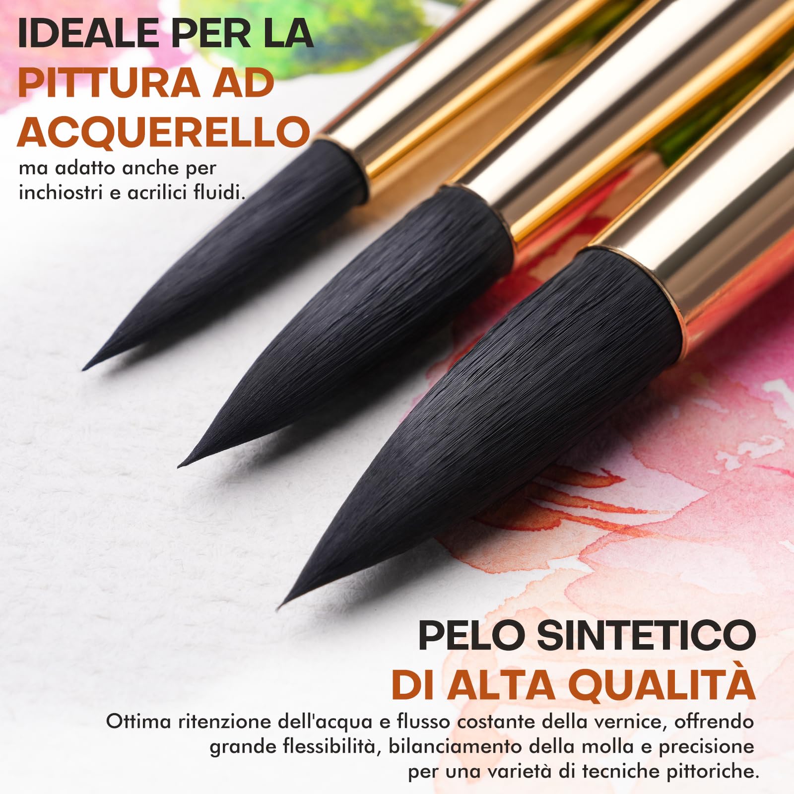 Pennelli Acquerello Professionali - Set di 10 Pennelli Per Dipingere per Acquerello, Inchiostro, Pennello Acquerelli in Setola Sintetica Scoiattolo per Alta Assorbenza | Watercolor Brushes