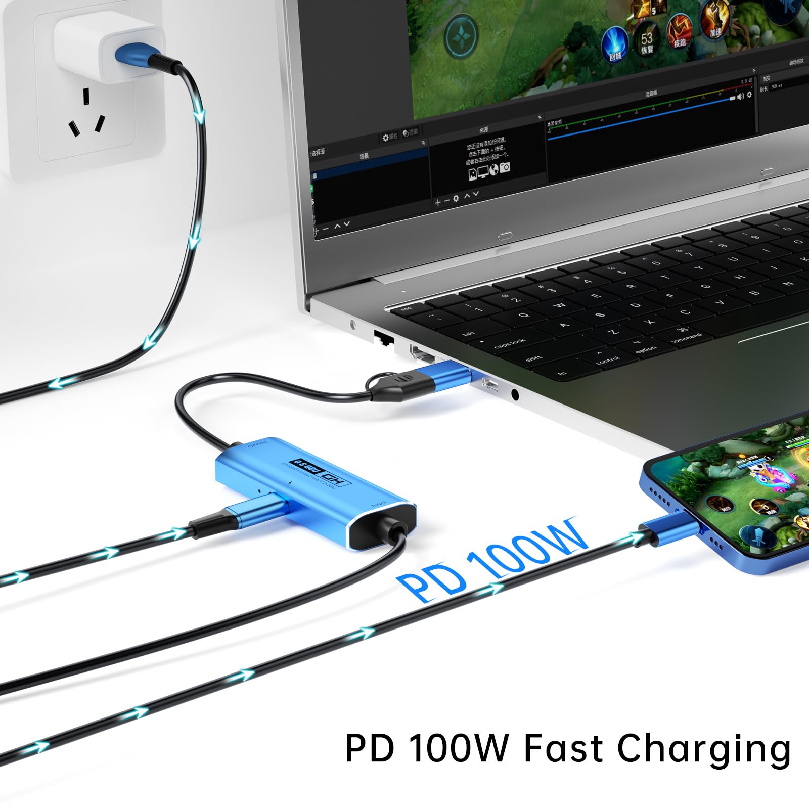 Câble de streaming en direct PD3.0 + carte de capture vidéo de type C HMDI 4K vers USB 3.0 de type C avec capture de jeu vidéo PD 100 W pour l'édition de vidéos, jeux, streaming, enseignement