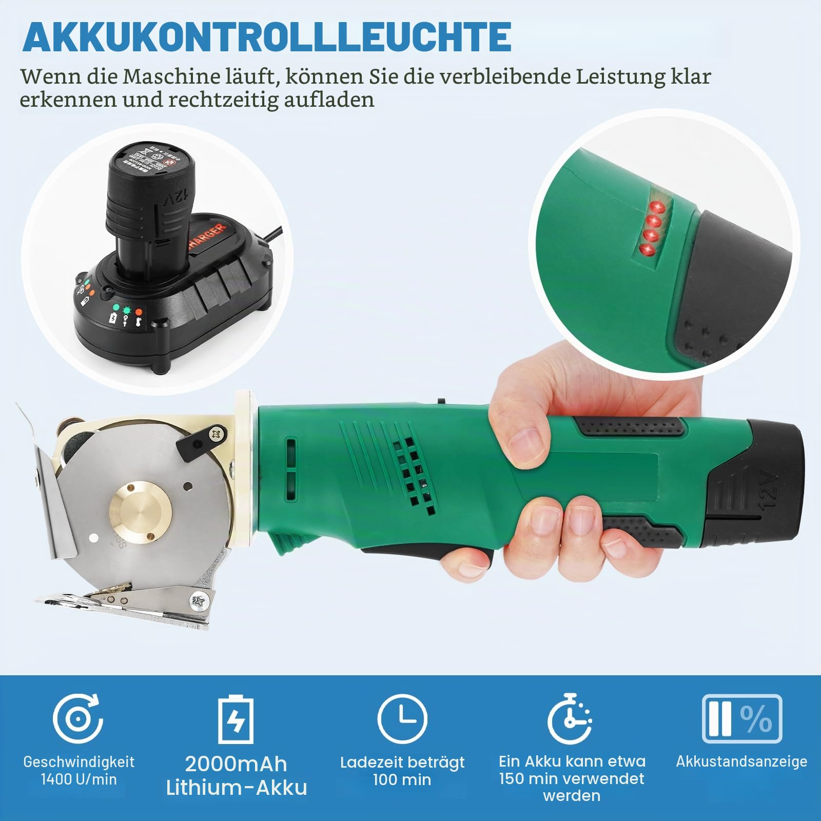 MXBAOHENG Elektrischer Stoffschneider 12V DC-70 Elektrischer Industrieller Stoffschneider Akku-Rundschere zum Schneiden von Stoff Teppich Leder (eine AKKU & 2 * 70 mm Klinge Grün)