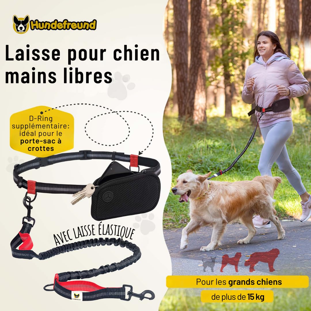 Laisse Mains Libres pour Chien | Élastique 120 cm à 170 cm pour Le Jogging avec Sac, Ceinture Abdominale