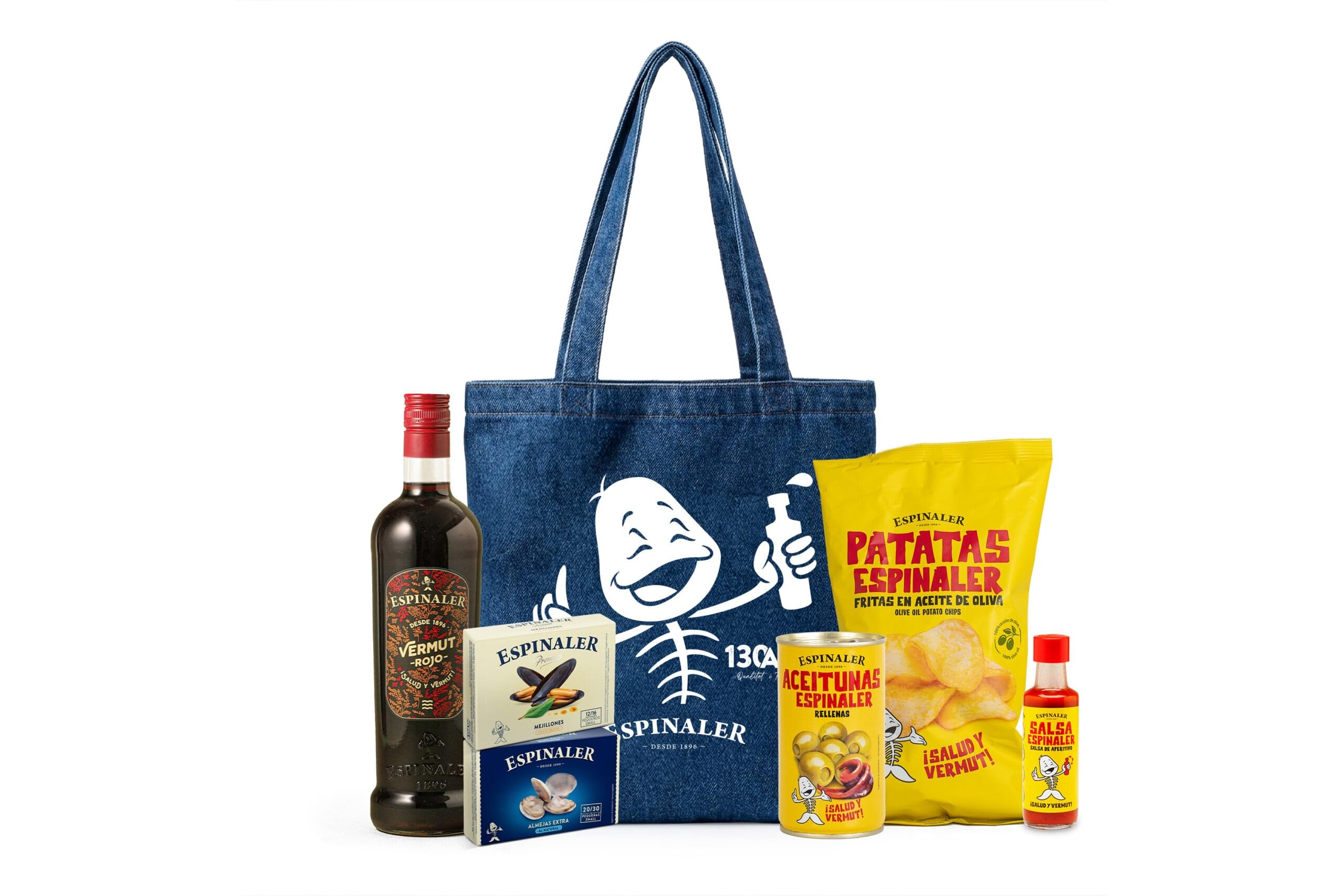 Espinaler Pack Verano A La Marinada – Regalo Gourmet Vermut Rojo 75 cl, Almeja Fina, Mejillones Premium, Patatas, Aceitunas, Salsa Espinaler y Bolsa Tote – Lote Gourmet de Conservas y Aperitivos