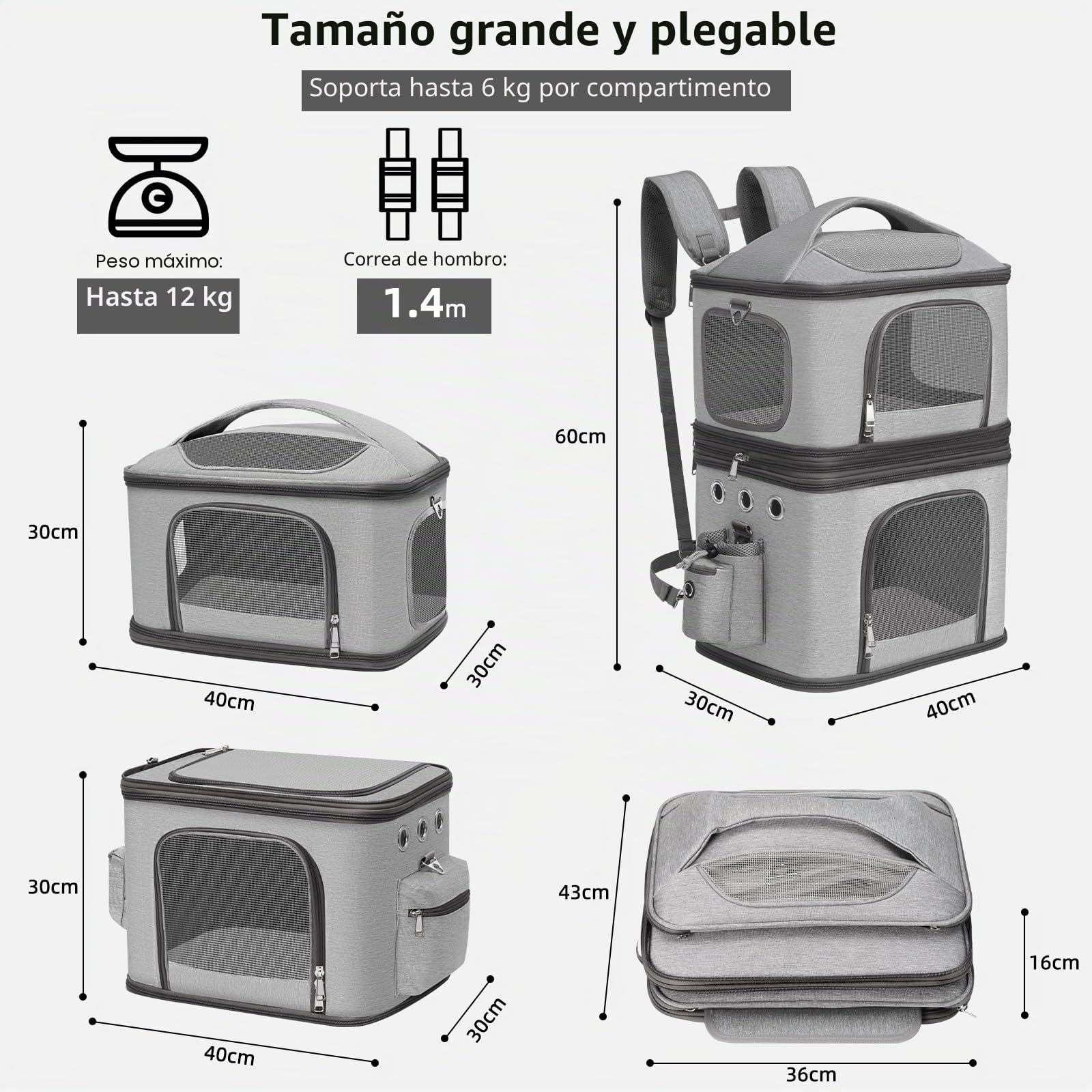 Mochila Desmontable para 2 Gatos, Plegable Transportin Doble para 2 Gatos de hasta 12 kg, Gris