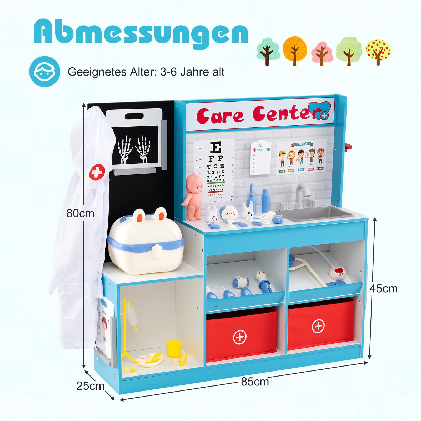 COSTWAY 29 TLG. Arzt-Set mit Arztkoffer, Doktor Spielset Holz mit Röntgenfilm, EKG-Monitor, Sehtafel, Wasserhahn, Spüle & Größenmesser, Arzt Rollenspiel für Kinder ab 3 Jahren (Blau)