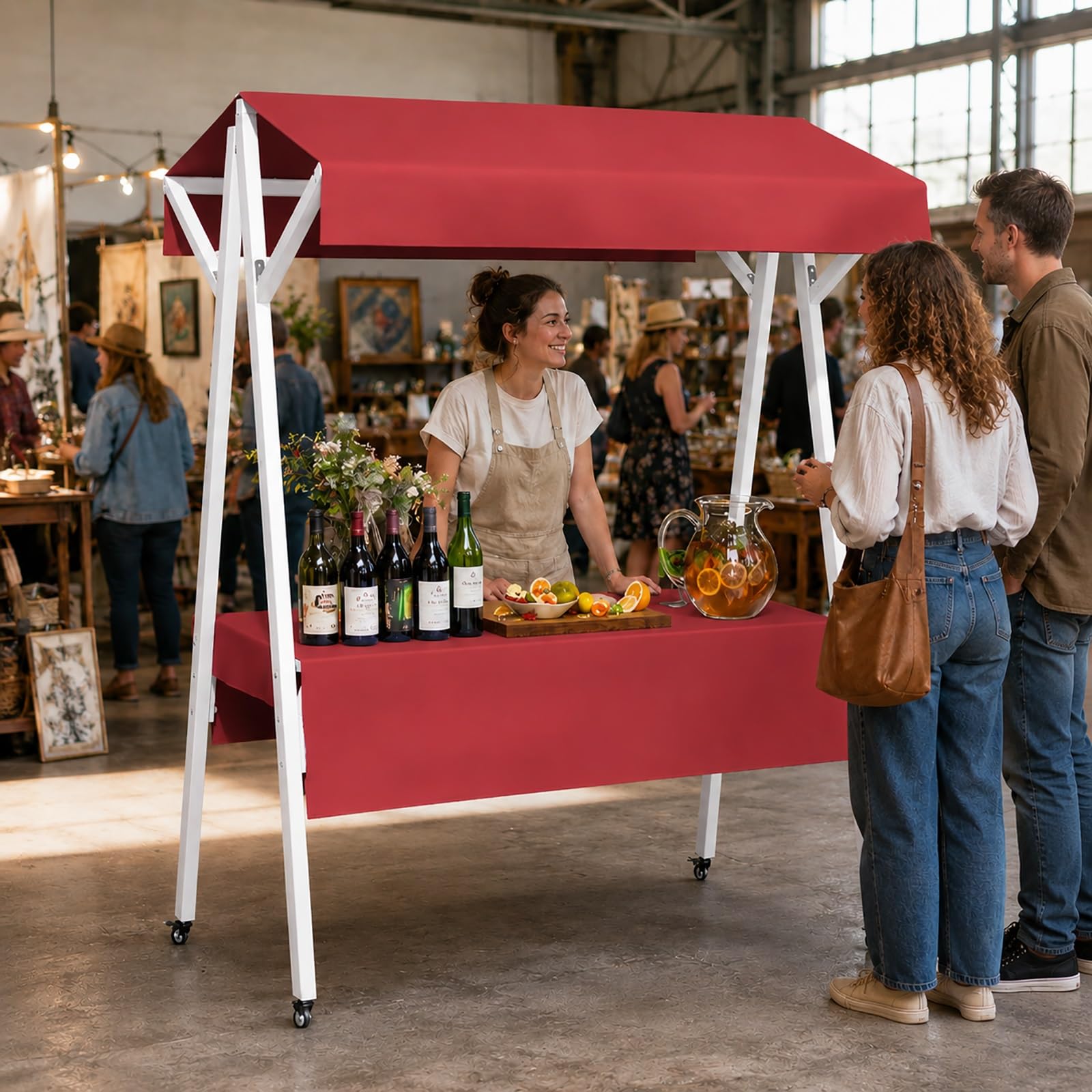 XRRJFYH Portable Farmers Market Stand, Outdoor Farm Stand with Canopy & Wheels, Folding Vendor Booth for Street Food, Display Tables, Market Stall(Red,160x60cm/63x24in)