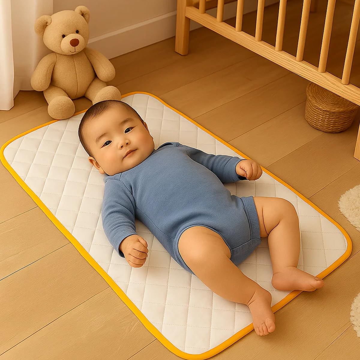 PAPATE – Alfombra para cambiar pañales de algodón orgánico, colchón para pañales de viaje, cambiador de bebé, cambiador para niños pequeños, alfombra impermeable, plegable impermeable. (Honey)