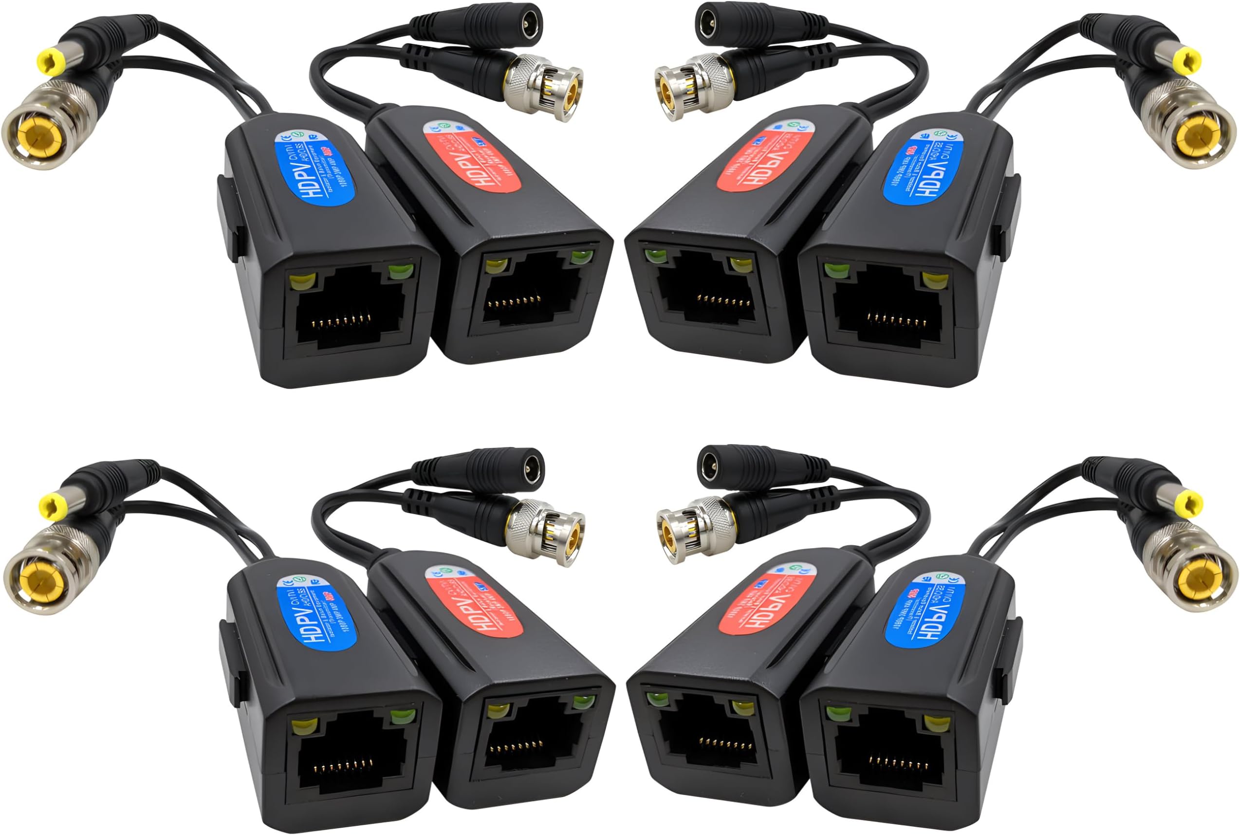 Igreeman 4 Pair Passive Video Balun BNC to RJ45 Adapter with Power, Ground Loop Isolated HD Analog Security Camera Ethernet Cable Transceiver, Cat5e/Cat6 Cable to BNC Converter - Compact