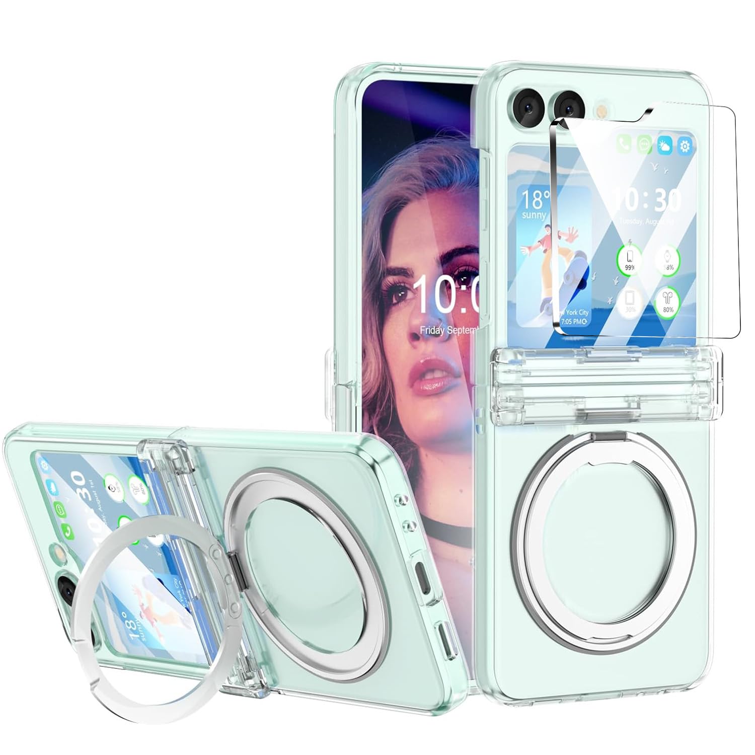 ELEPIK for Galaxy Z Flip 6 Case with Sturdy 360°Rotatable Ring Stand, [Hinge Protection] [Compatible with MagSafe] [Back Window Screen Protector] Military-Grade Slim Z Flip 6 5G Phone Cover, Clear