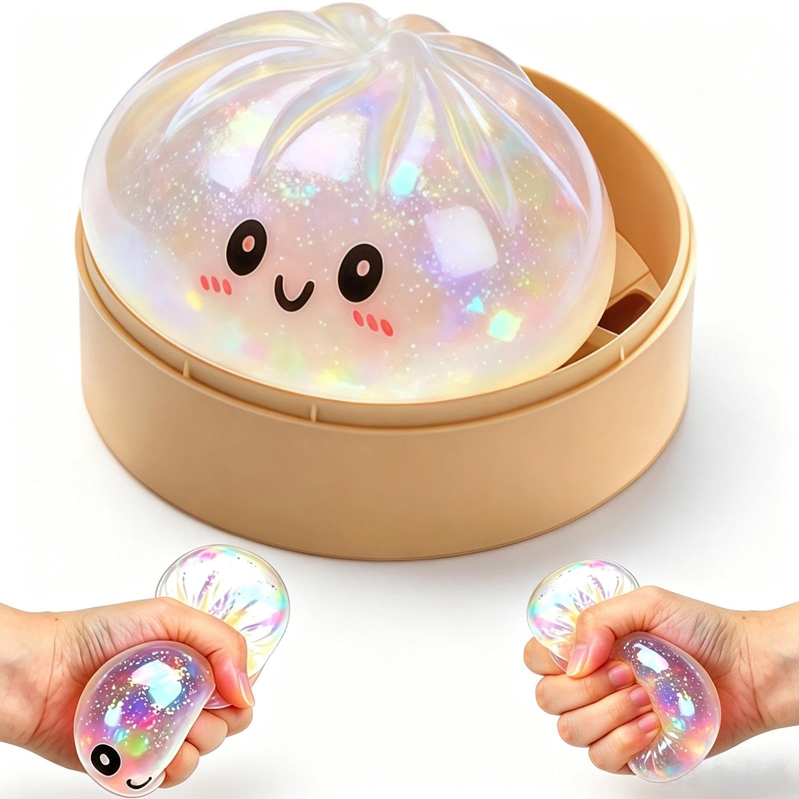 Dumpling Squishy, Transparent Iridescent Finish with Shimmer Glitter Details, Portable Daily Decompression Squeeze Toy‑Free Accessory, Calming Sensory Stress Relief for Relaxation & Mood Soothing — image 1