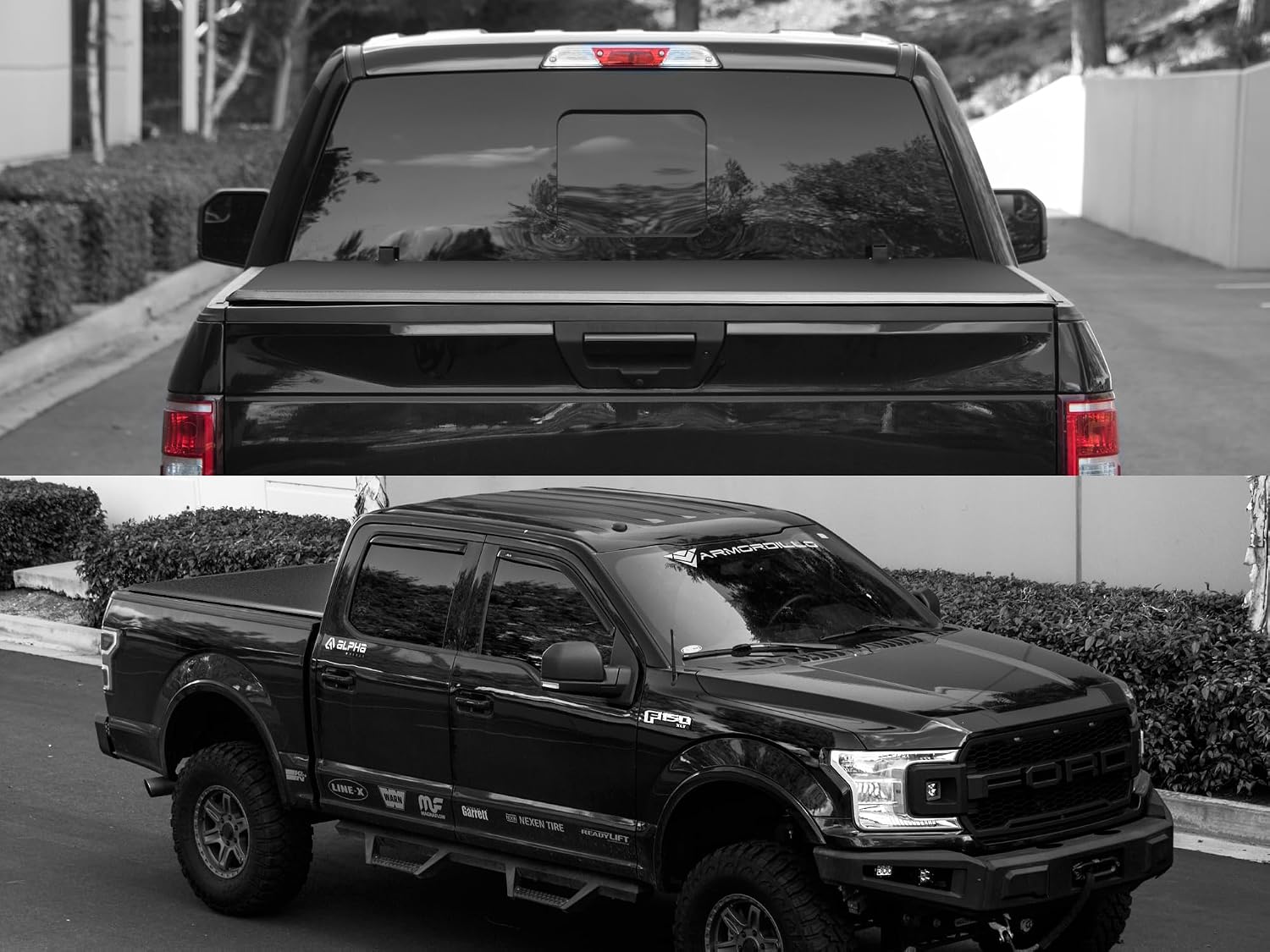 Armordillo CoveRex TF Solid Tri-Fold Tonneau Cover+Diamond Plate Style Rubber Truck Bed Mat|Compatible with 2022-2024 Ford Maverick 4.6 Ft (54.4") Bed|28728154|ABS Vinyl|Truck Bed Cover|Truck Mat