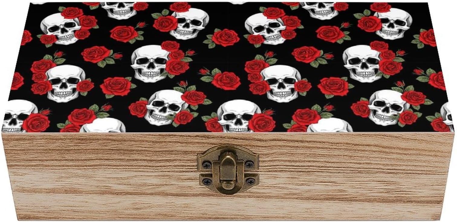 Rectangle Decorative Wooden Box, Keepsake Storage Organizer with Hinged Lid Dark Black Red Rose Skull, Jewelry for Birthday Souvenirs Memory