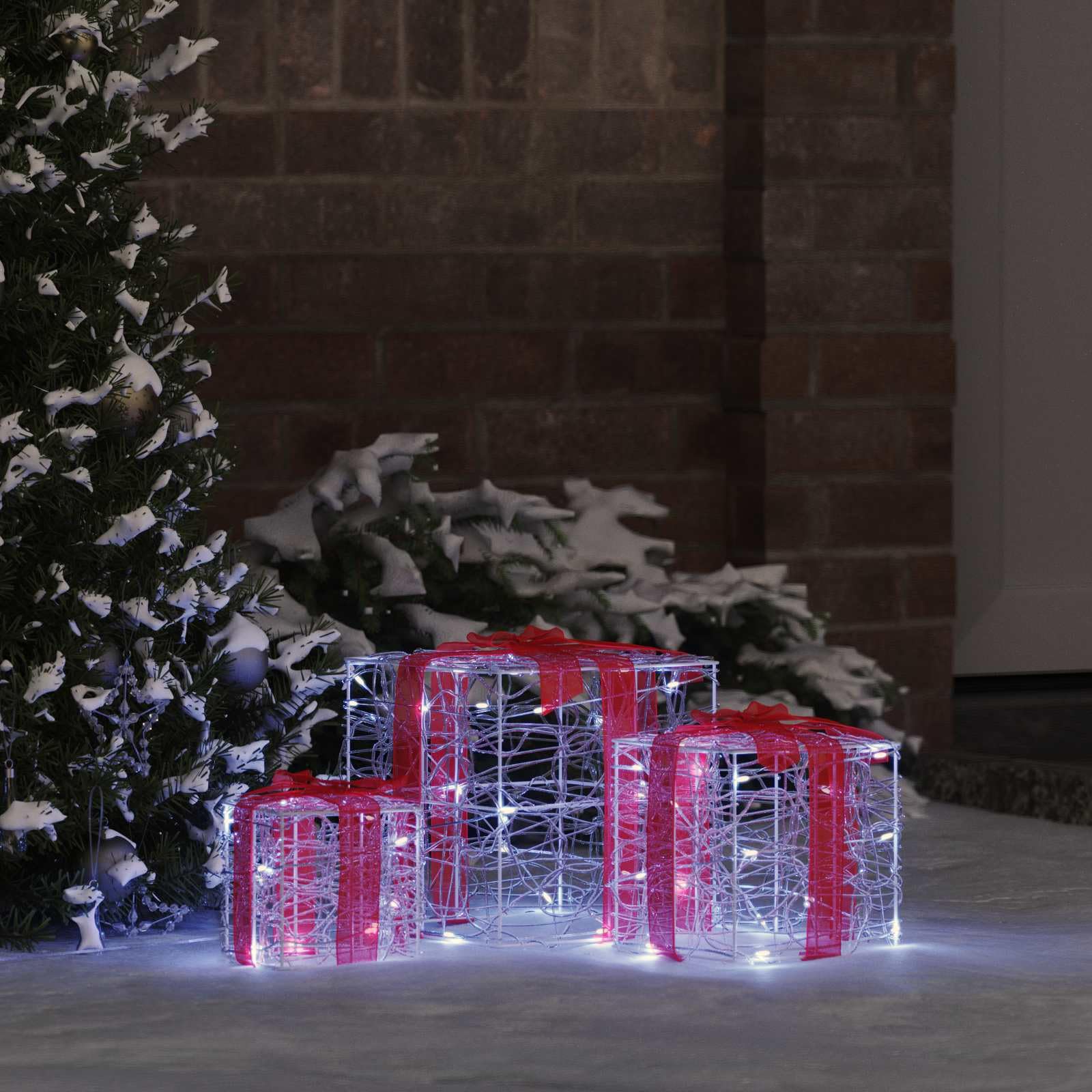 Pudełko na prezent z 60 diodami LED, zimna biel, zestaw 3 szt., akryl, 20 x 20 x 20 cm, dekoracja bożonarodzeniowa z pilotem zdalnego sterowania, do świątecznego oświetlenia i eleganckiej