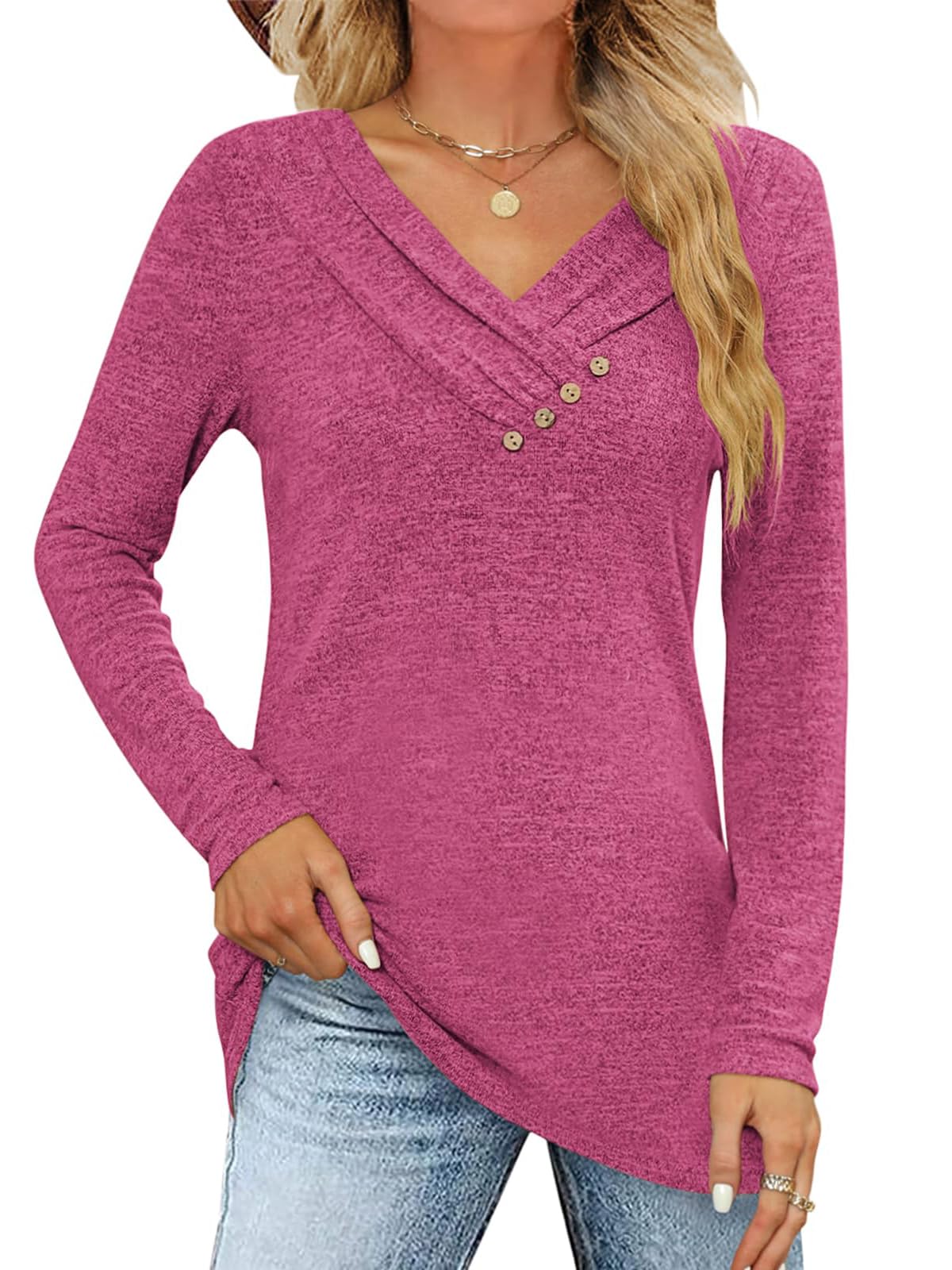 ABYOVRT Camisetas de Manga Larga para Mujer Casual Blusas Suaves y Ligeras Túnicas Tops Cuello en V Sudadera Pullover Tops con Botones,S-XXL