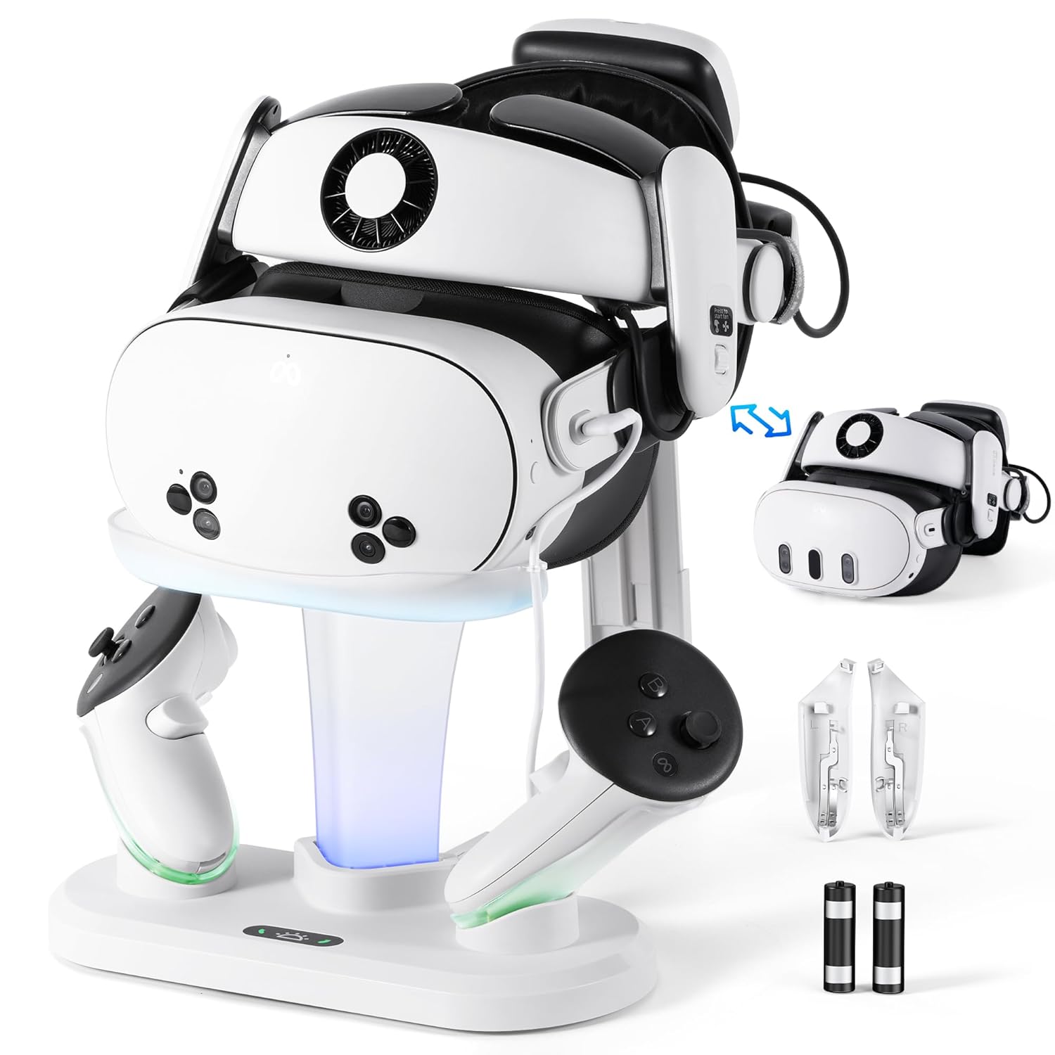 STARTRC GAMES Magnetic Charging Dock Compatible with Meta Quest 3/Quest 3S Accessories, Adjustable Stand Support Elite/Battery Head Strap, Fast Charging Station with 2 Rechargeable Batteries (1800mAh)