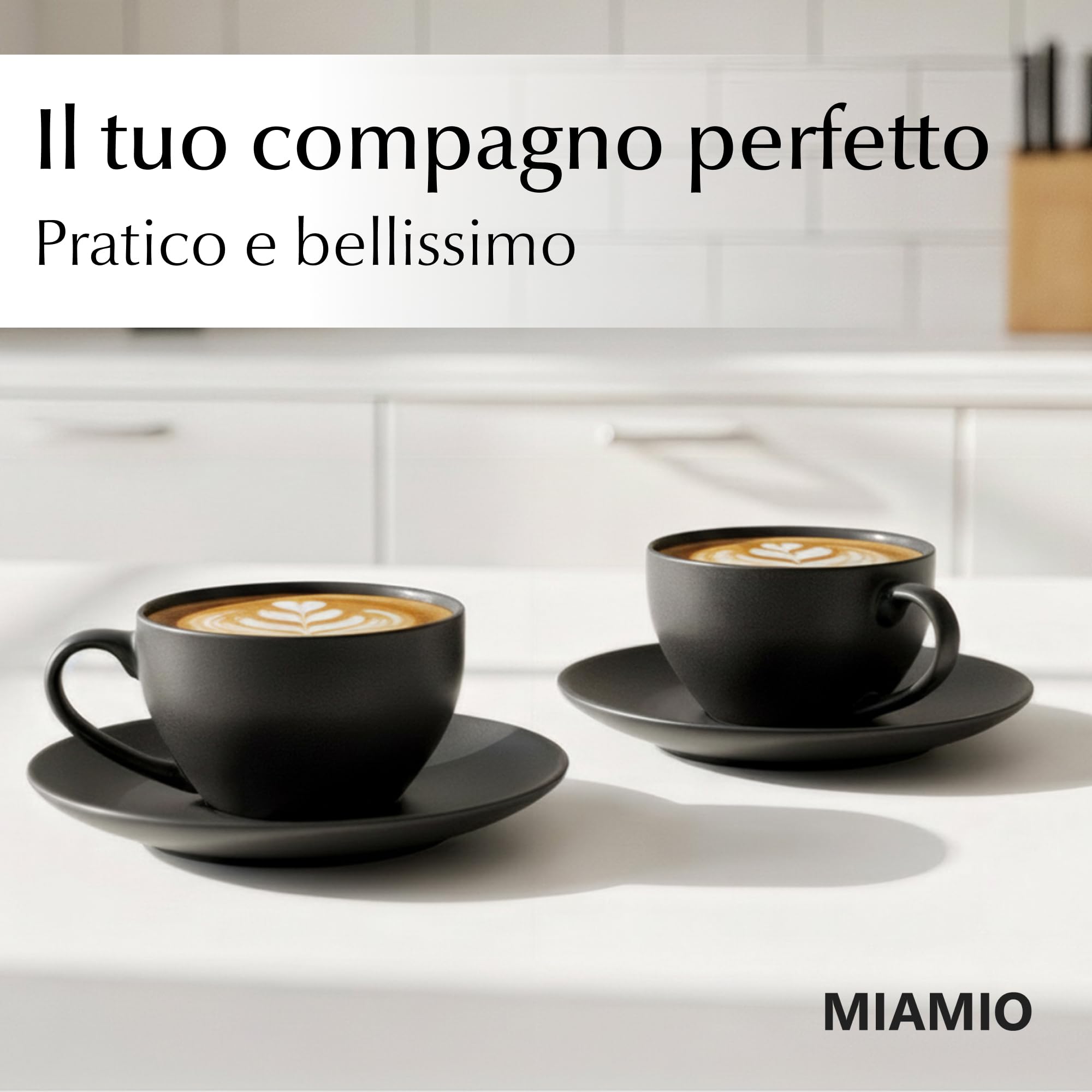 MIAMIO - 175 ml Set di 6 Tazze Cappuccino con Piattini/Tazza Cappuccino/Tazze da Cappuccino - Set Tazzine Caffè con Piattino - Tazze Colazione - Tazze Caffe - Collezione Le Papillon (Negro)