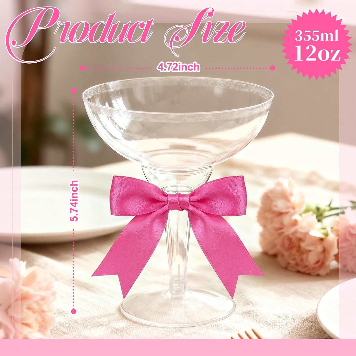 LemonRoad 24 Sets Plastic Martini Glasses, 12 oz, Dark Pink | Disposable Margarita Cocktail Cups with Pink Bows, Bachelorette Party, Wedding Champagne, Bridal Shower, Chirstmas