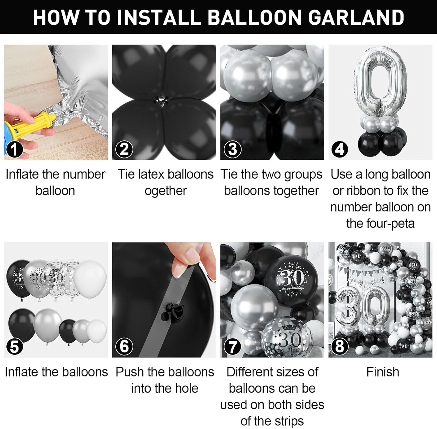 30th Birthday Decorations Black Silver,30th Balloon Garland with Number 30 Foil balloons,Happy Birthday Banner for Men Women 18 Birthday Party Decorations